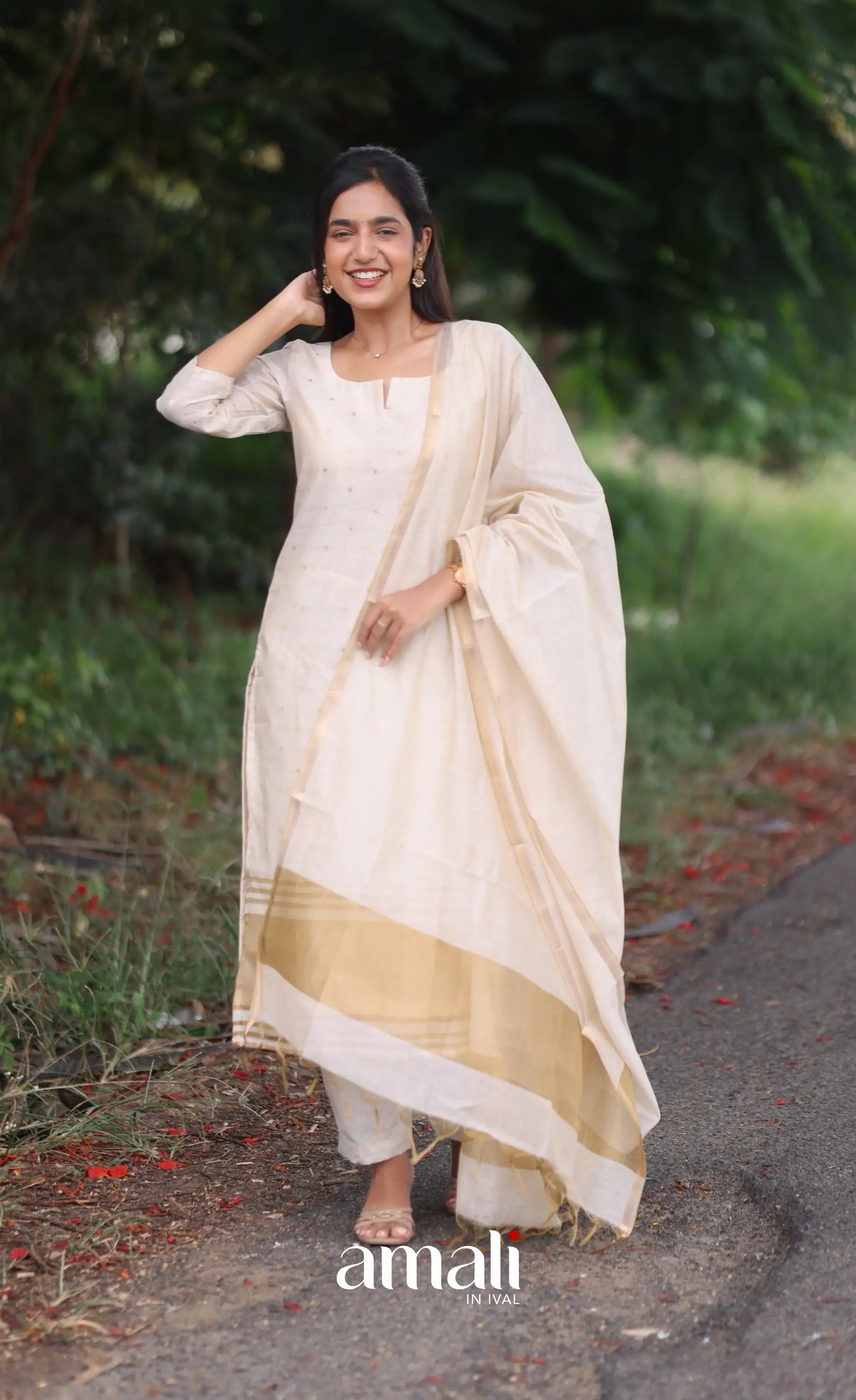 Off-white and Light gold Viscose Chanderi Salwar - salwar