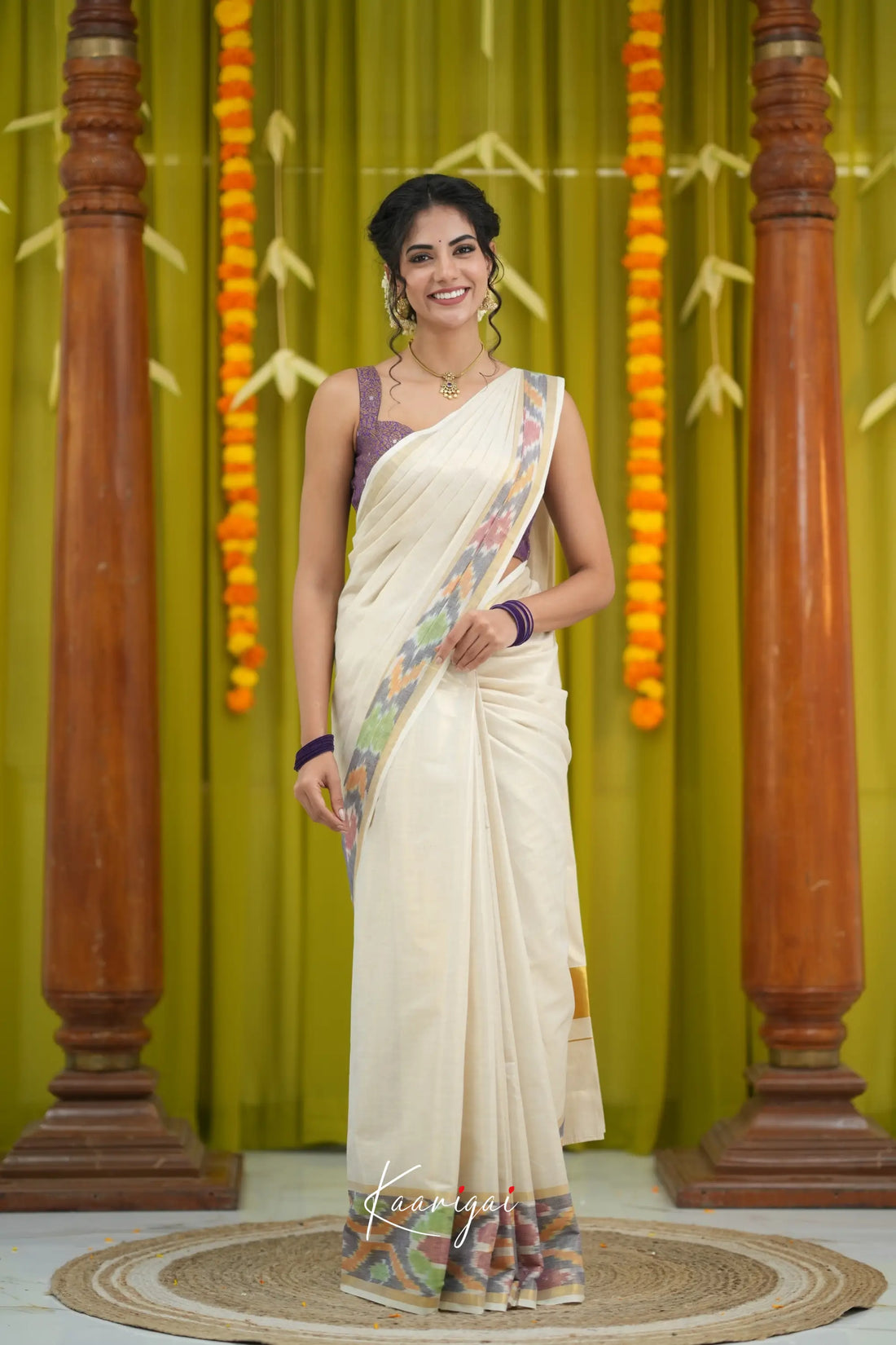 Omana Cotton Saree - Offwhite and Purple Sarees