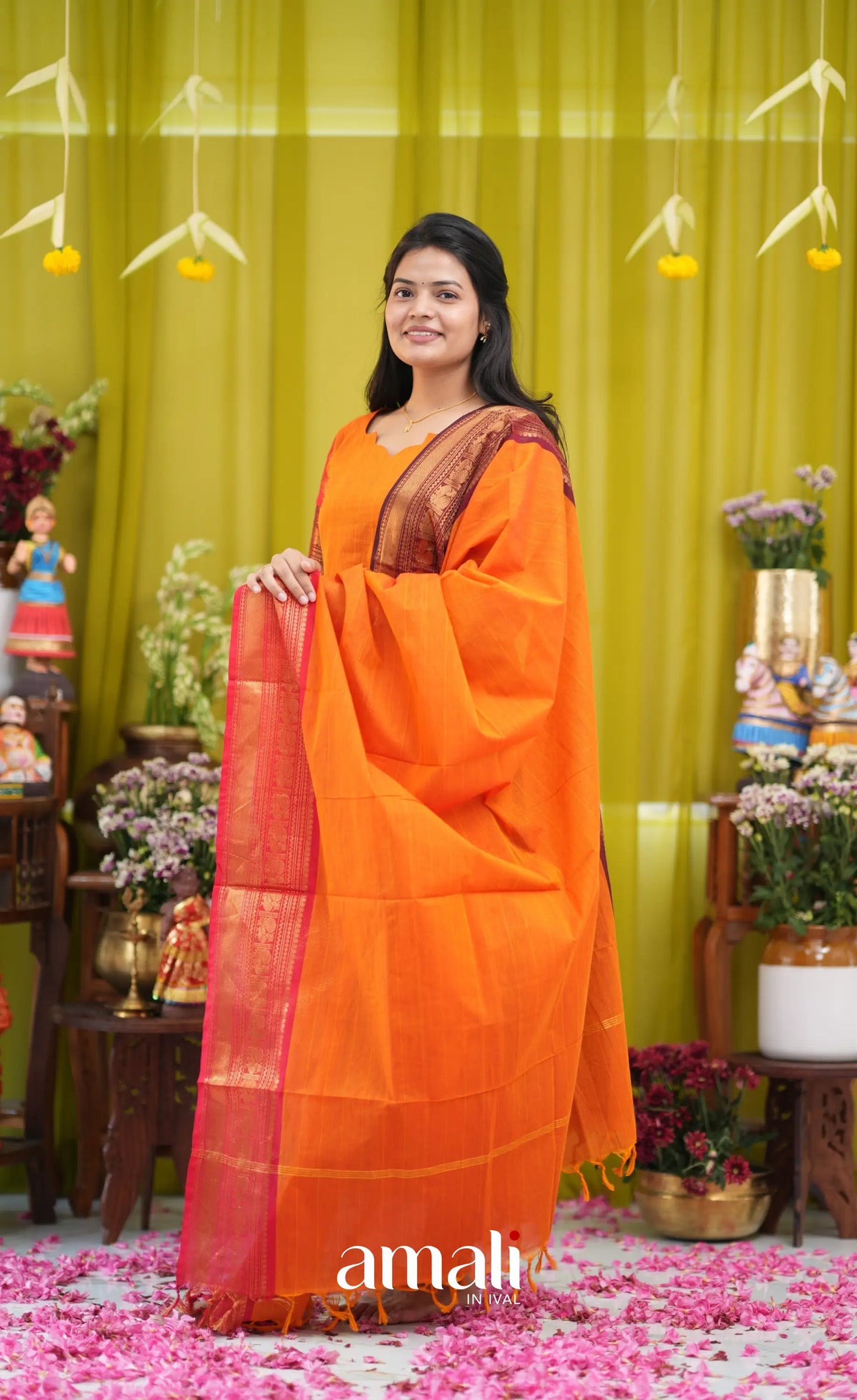 Orange and Coffee Brown Chettinad Cotton Salwar Set - salwar