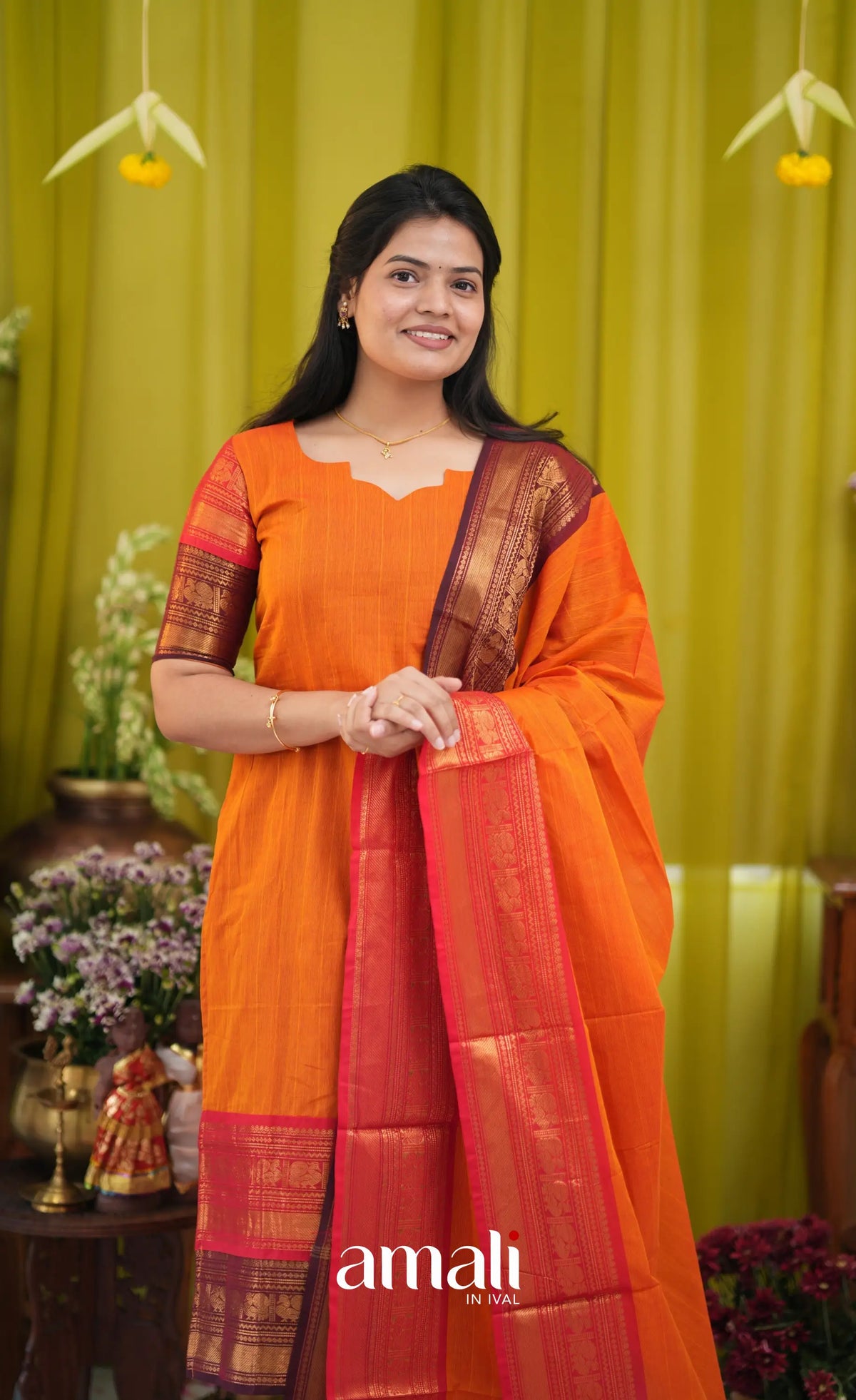 Orange and Coffee Brown Chettinad Cotton Salwar Set - salwar