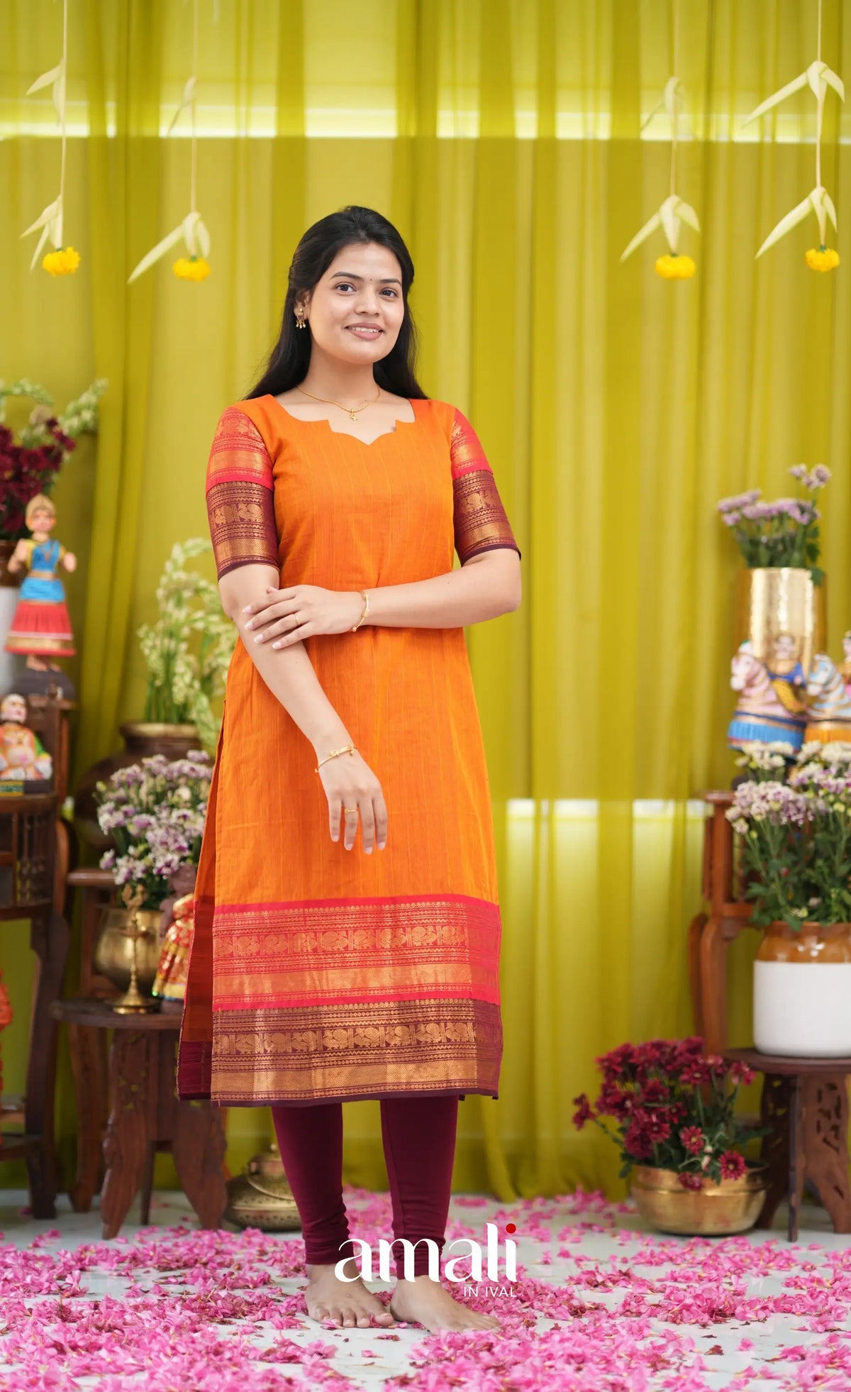Orange and Coffee Brown Chettinad Cotton Salwar Set - salwar