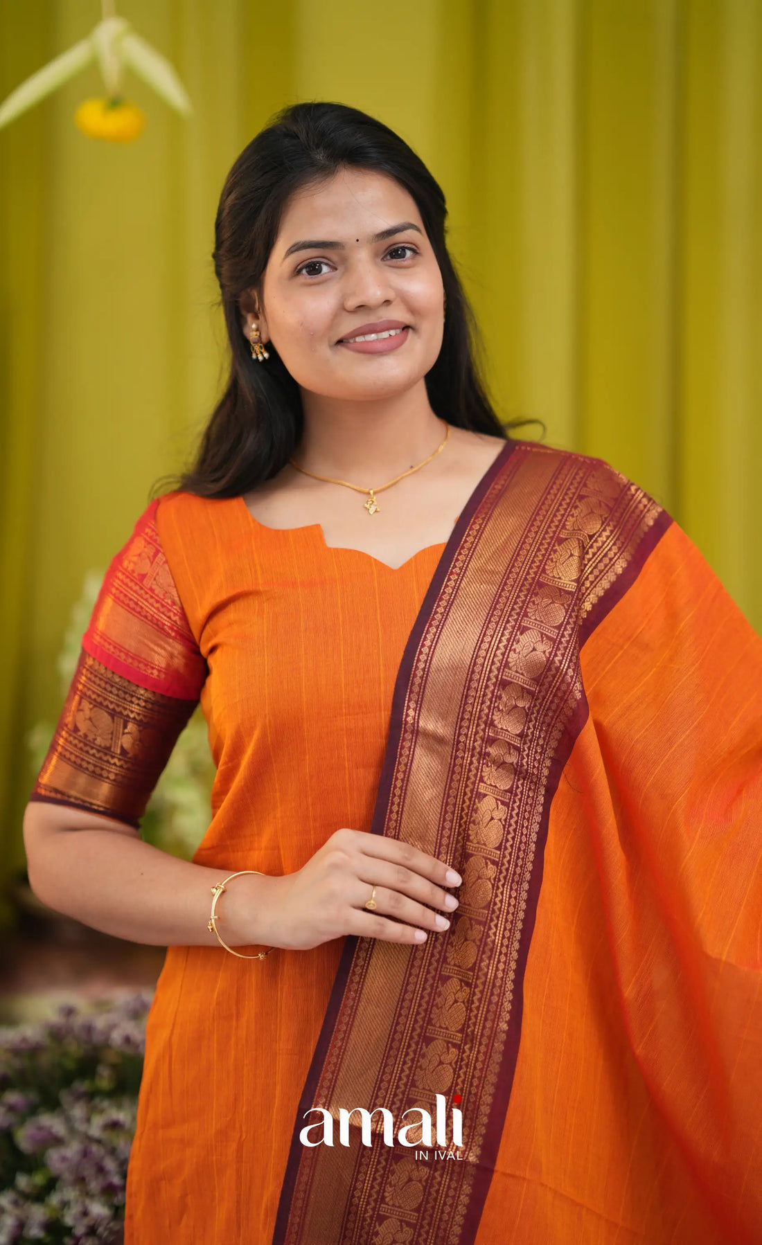Orange and Coffee Brown Chettinad Cotton Salwar Set - salwar