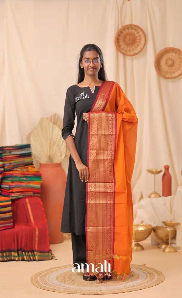 Orange With Maroon Chettinad Cotton Dupatta salwar