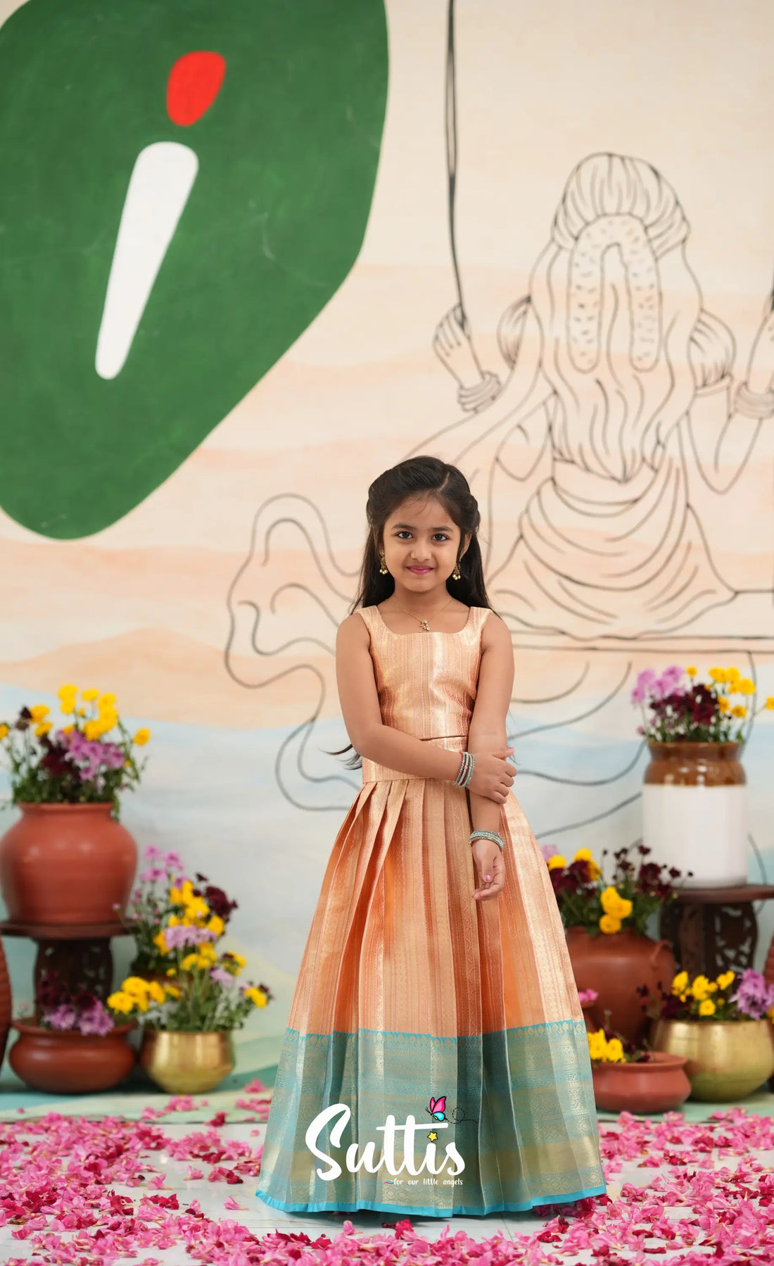Organza Crop Top and Skirt - Peach and Light blue - Kids-Suttis