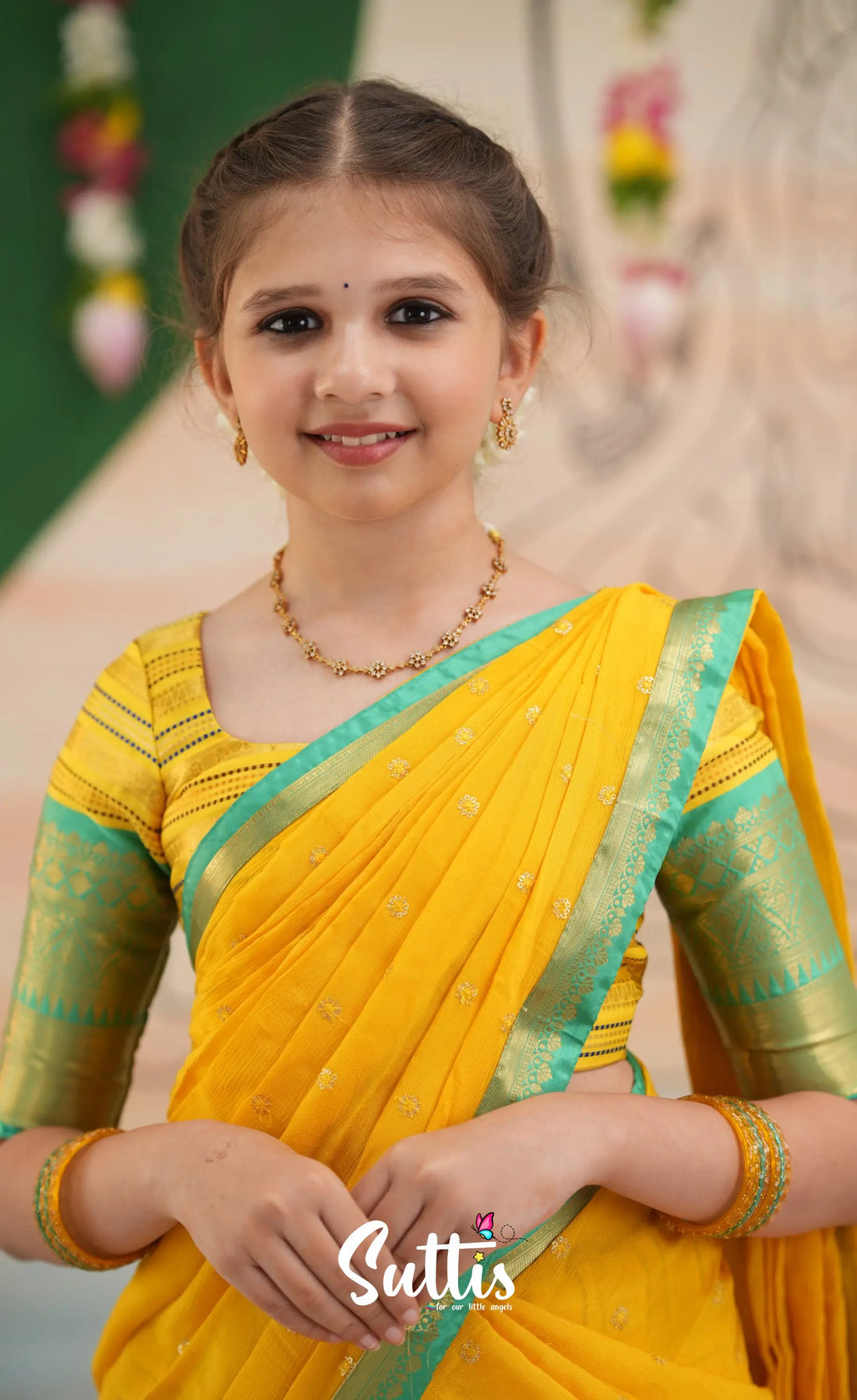 Organza Halfsaree - Bright Yellow and Turquoise Blue - Kids-Suttis