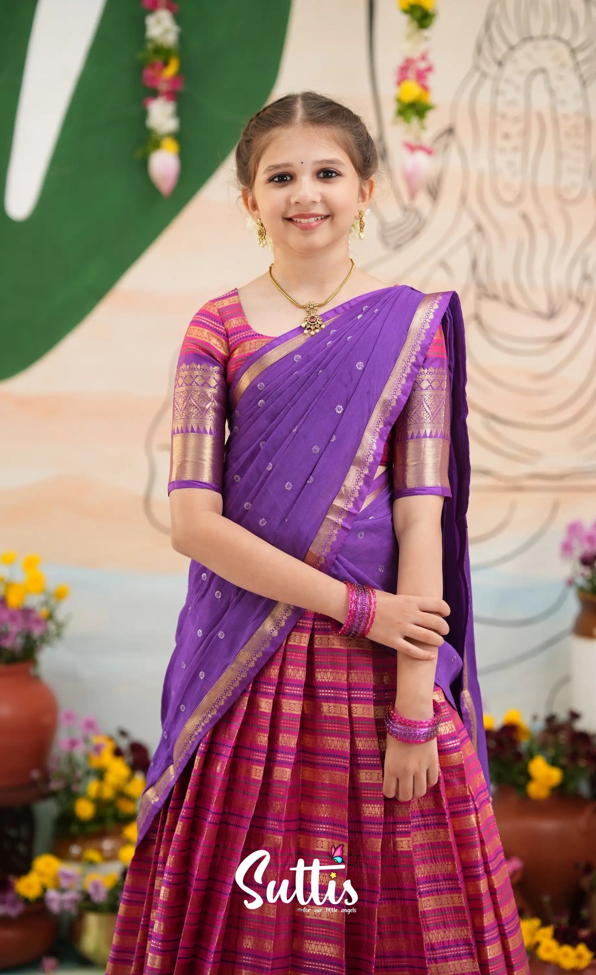 Organza Halfsaree - Dark Pink and Purple - Kids-Suttis