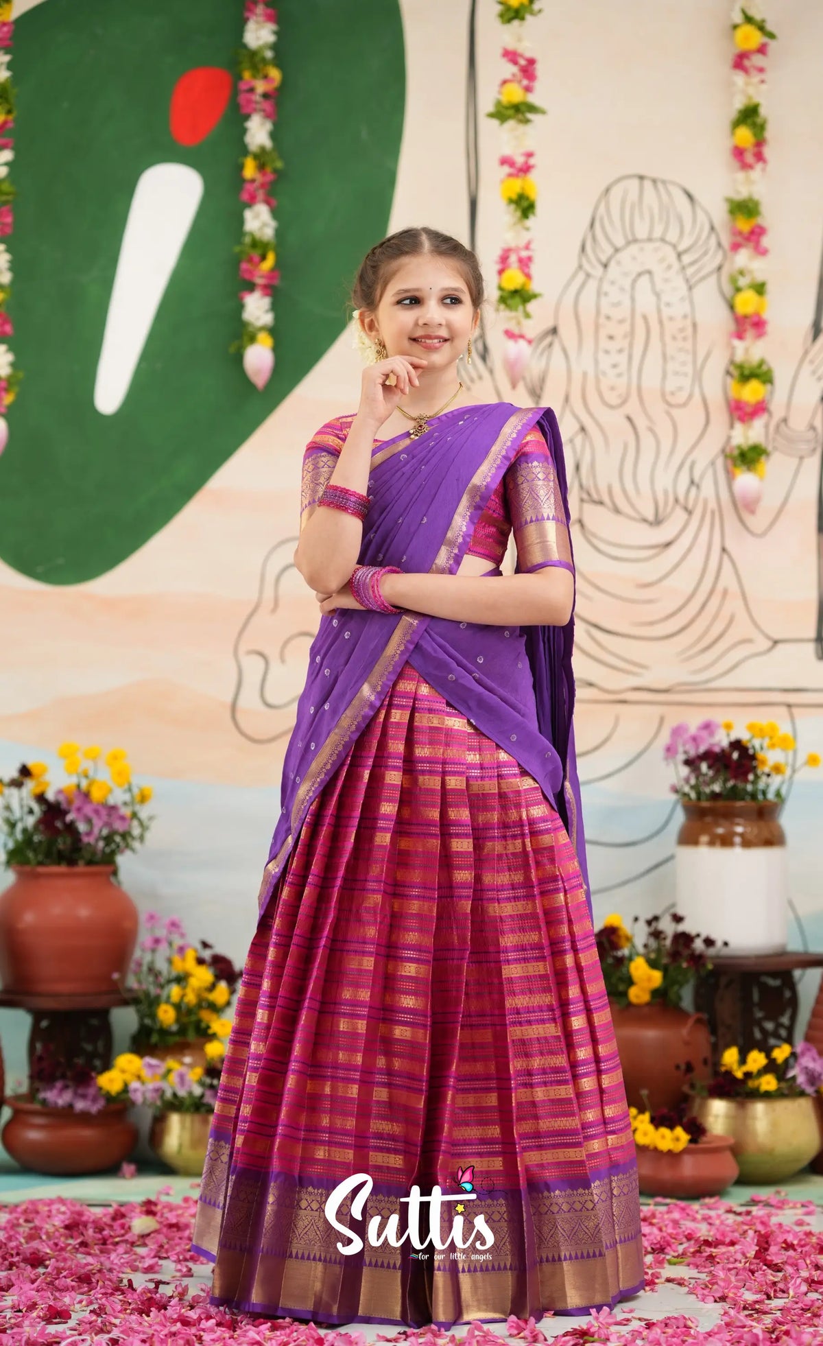 Organza Halfsaree - Dark Pink and Purple - Kids-Suttis