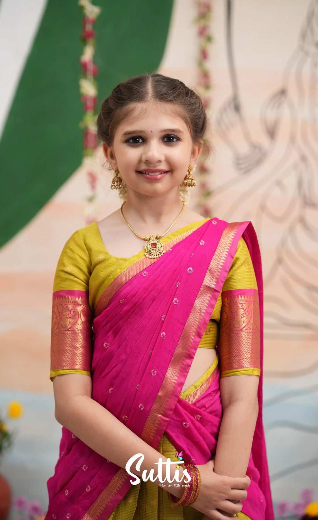 Organza Halfsaree - Henna Yellow and Rani Pink - Kids-Suttis