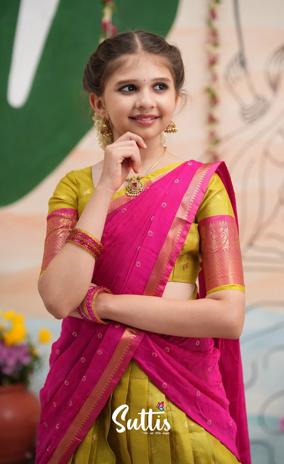 Organza Halfsaree - Henna Yellow and Rani Pink - Kids-Suttis