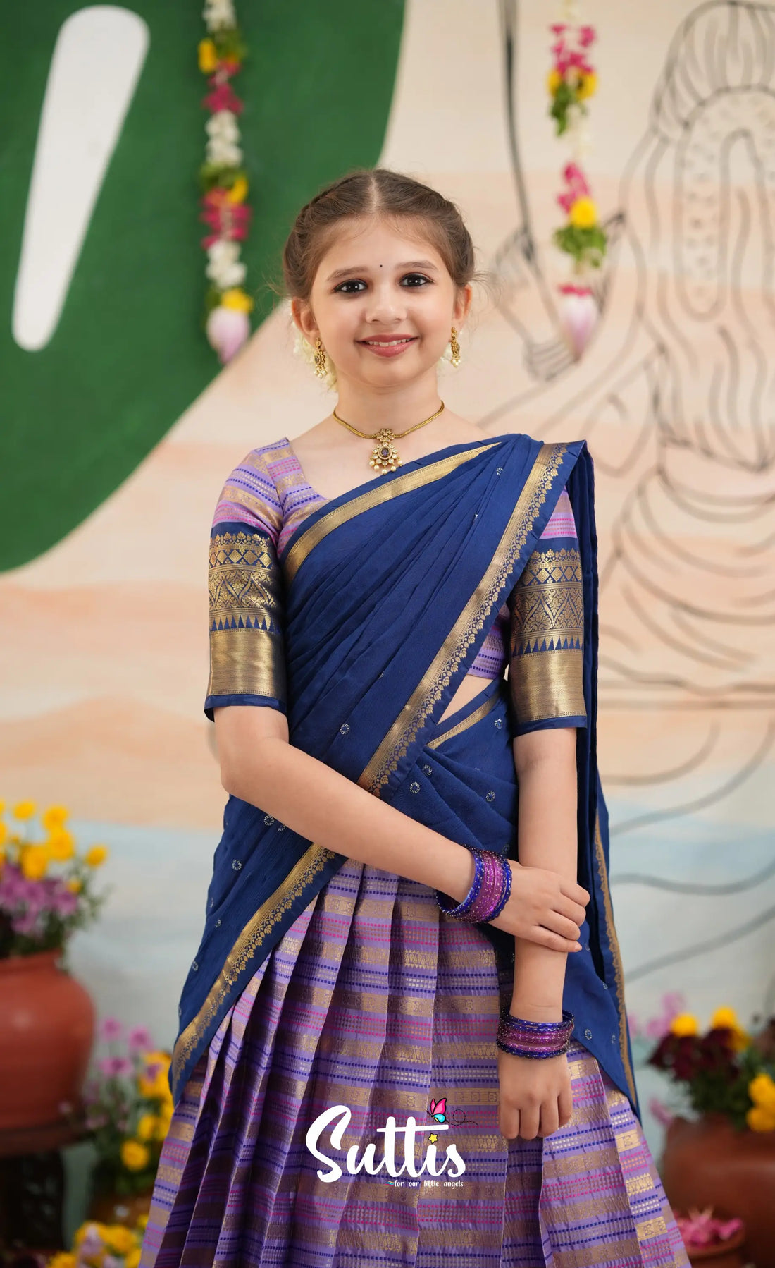 Organza Halfsaree - Lavender and Navy Blue - Kids-Suttis