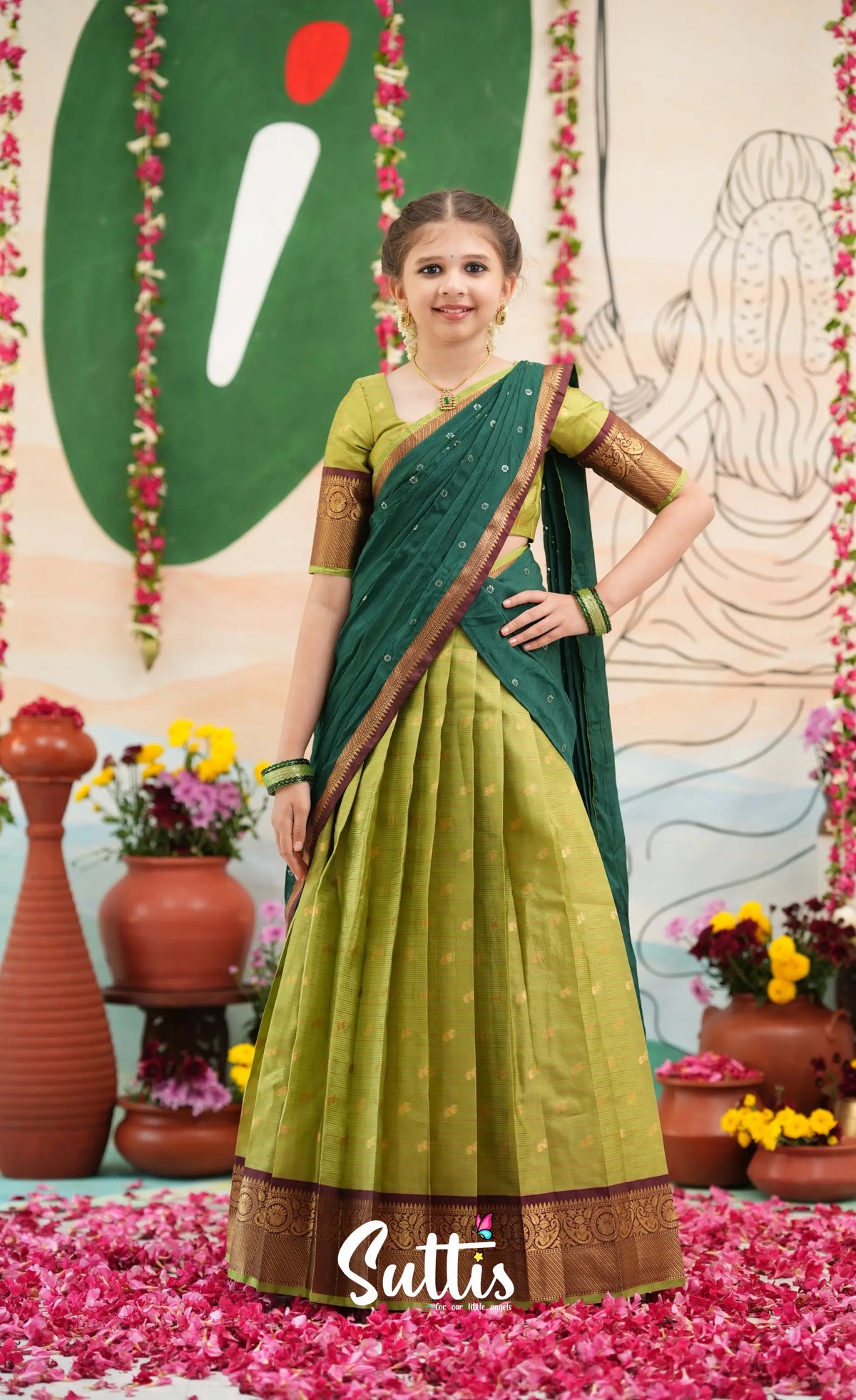 Organza Halfsaree - Light green and Bottle green - Kids-Suttis