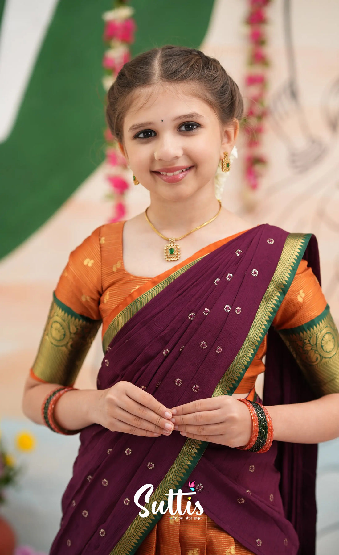 Organza Halfsaree - Rust Orange and Dark maroonish wine - Kids-Suttis