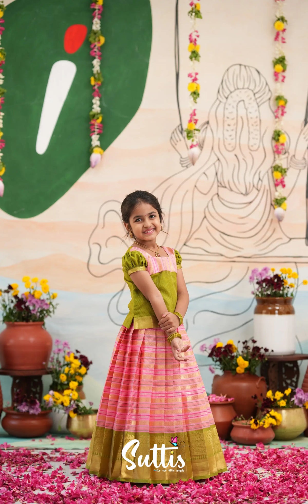 Organza Pavadai Sattai - Baby Pink and Light Green - Kids-Suttis
