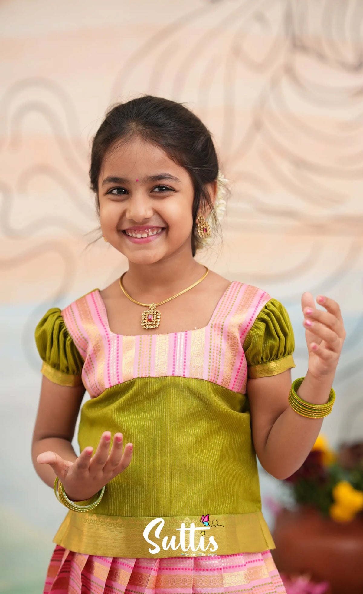 Organza Pavadai Sattai - Baby Pink and Light Green - Kids-Suttis