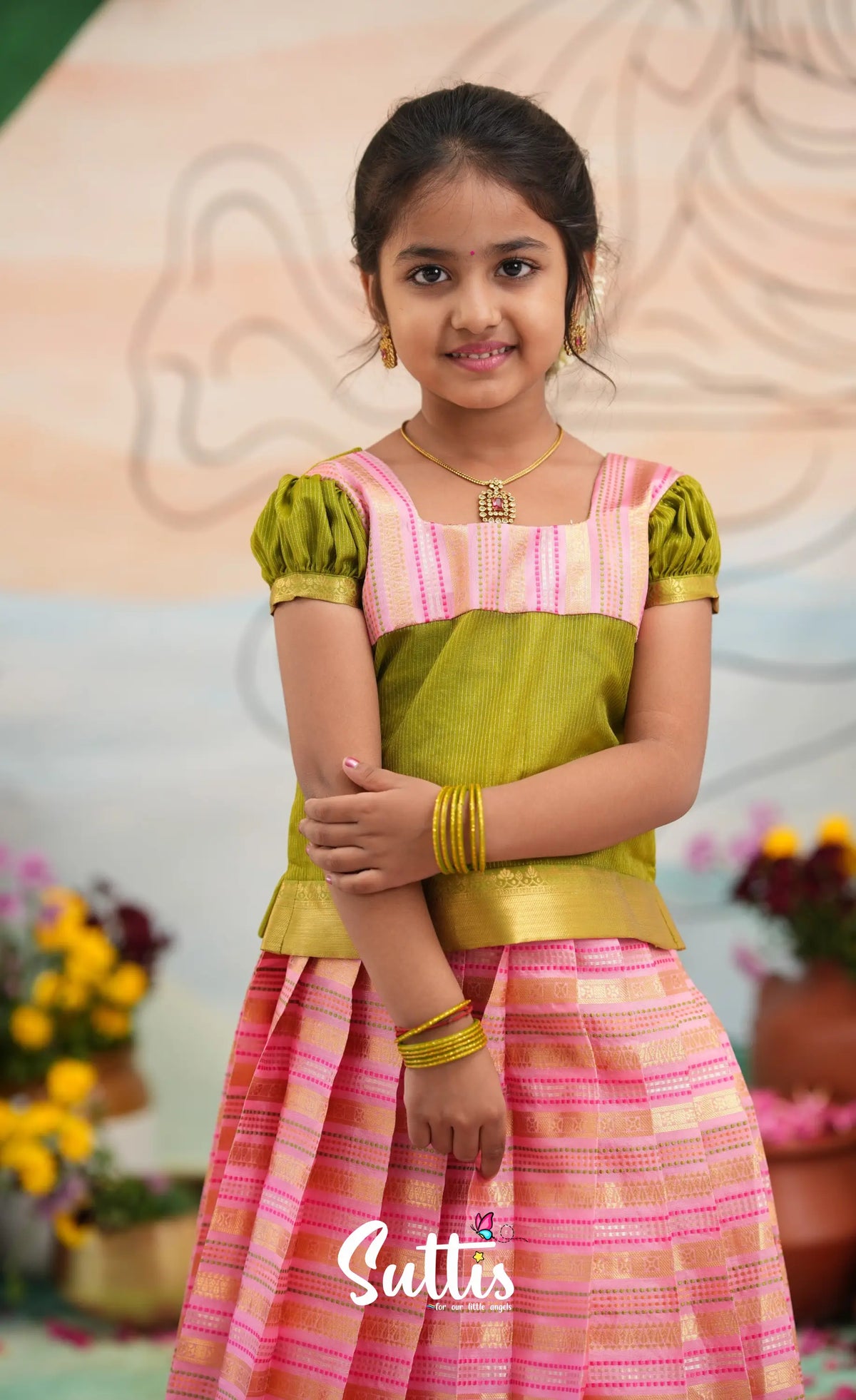 Organza Pavadai Sattai - Baby Pink and Light Green - Kids-Suttis