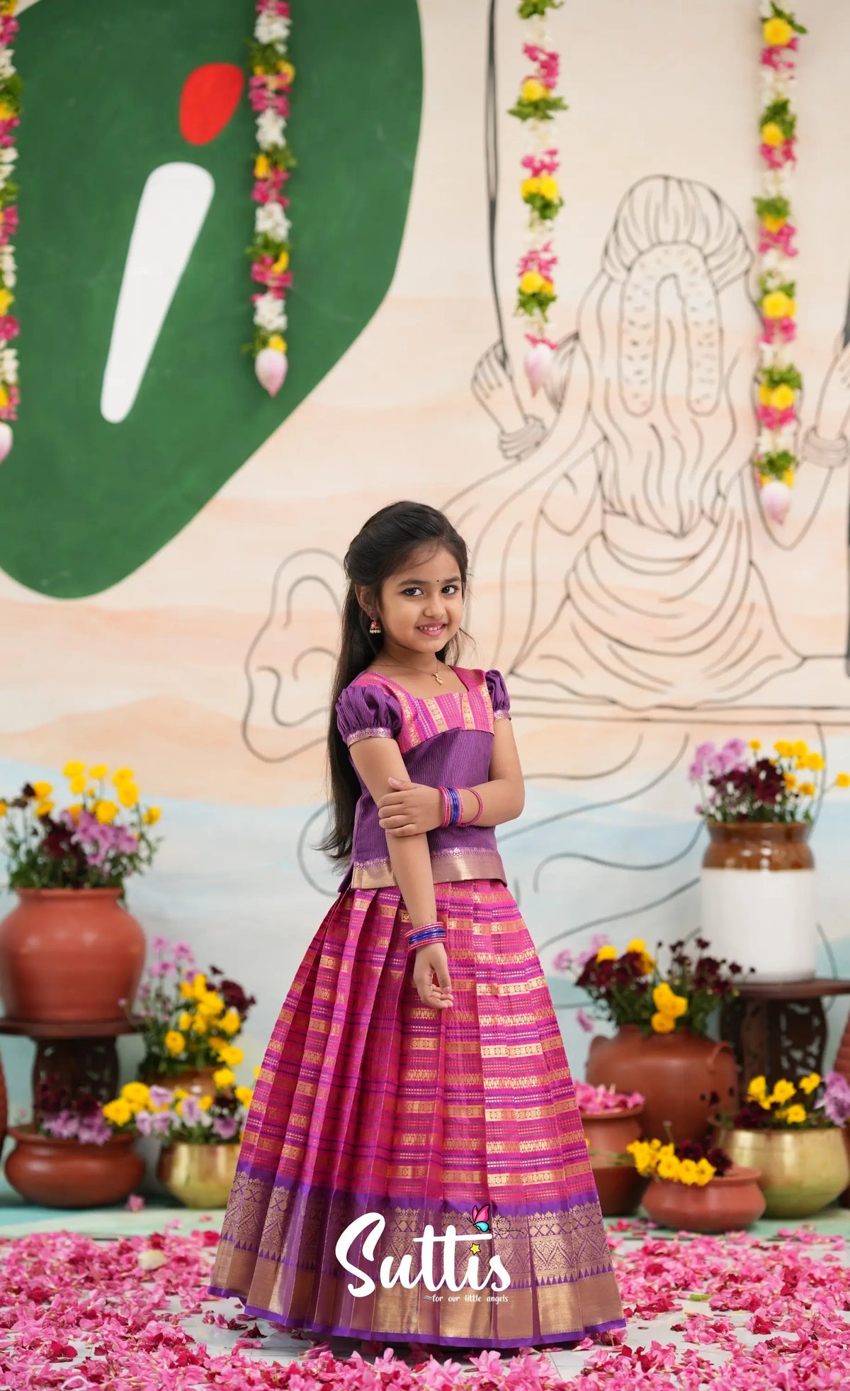 Organza Pavadai Sattai - Dark Pink and Purple - Kids-Suttis