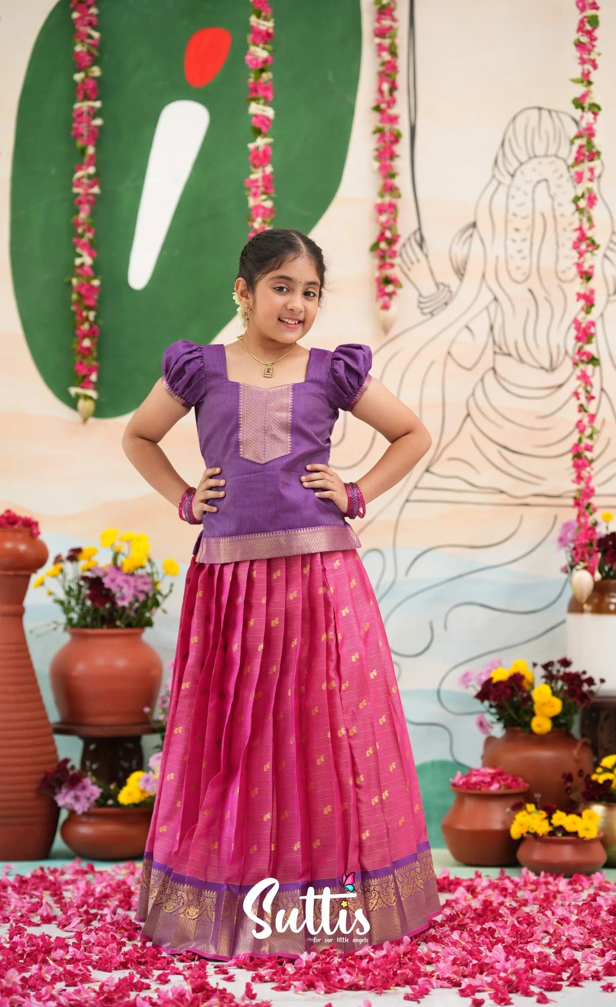 Organza Pavadai Sattai - Deep pink and Purple - Kids-Suttis
