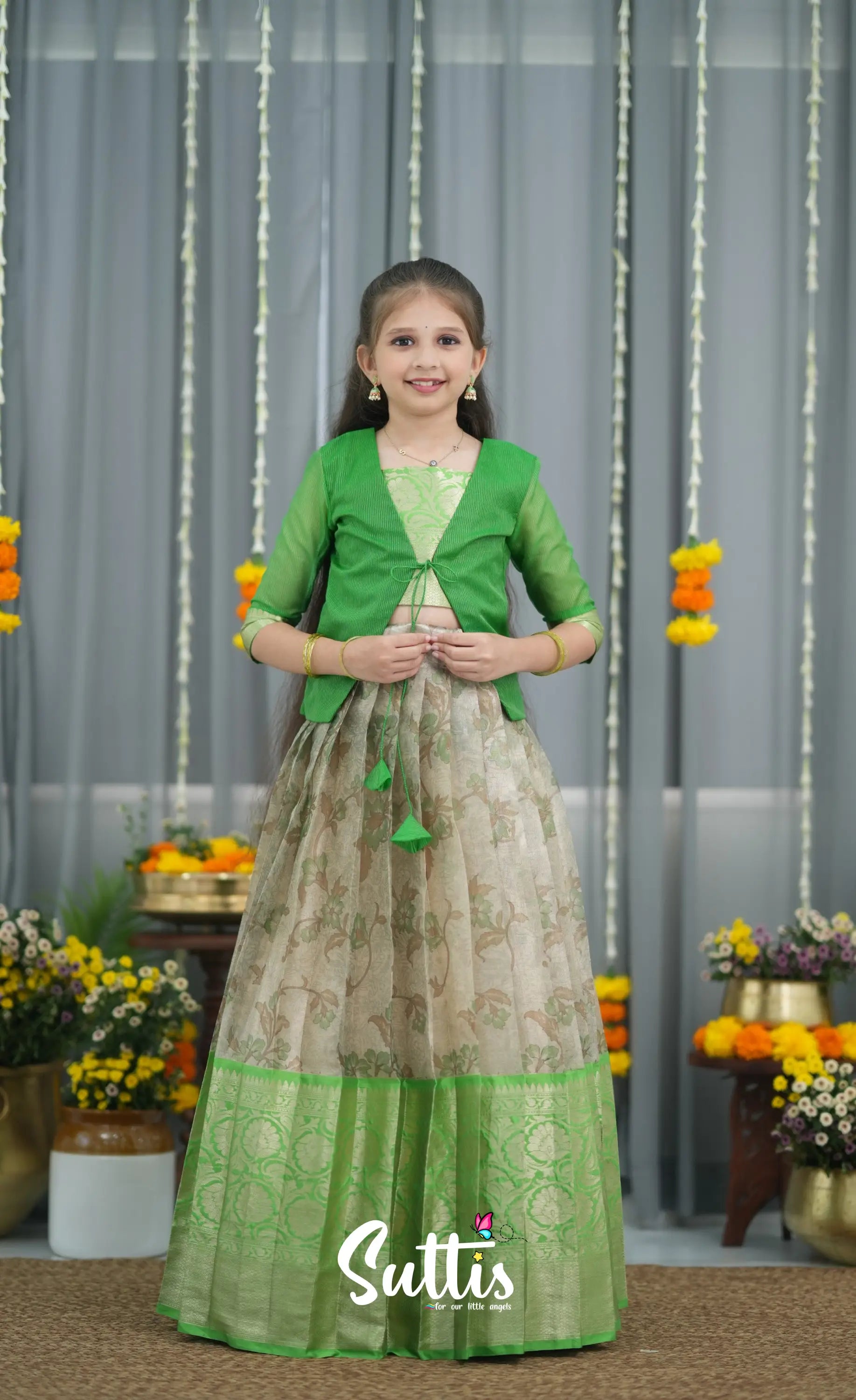 Organza Pavadai Sattai - Grey and Light Green Kids-Suttis