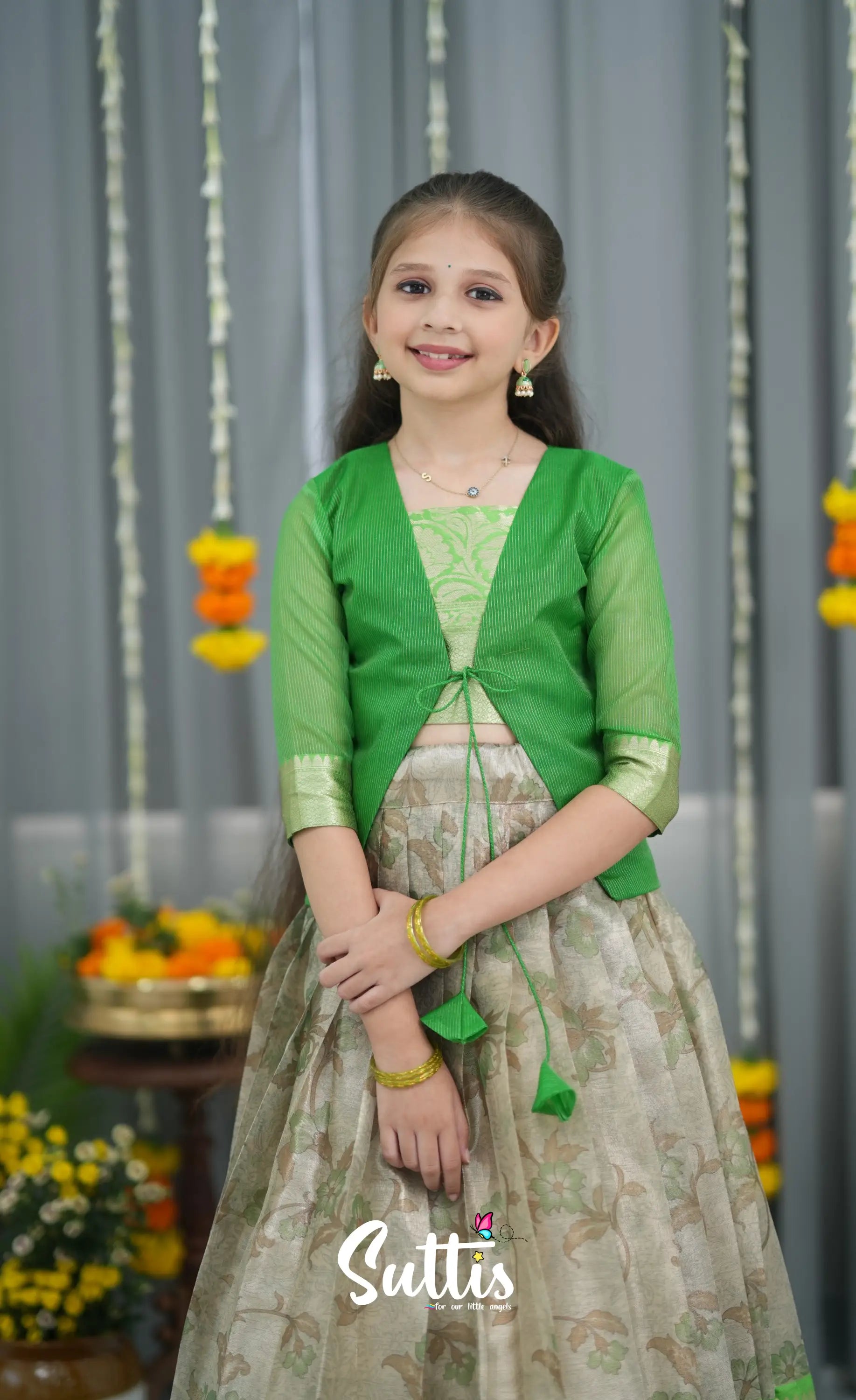 Organza Pavadai Sattai - Grey and Light Green Kids-Suttis