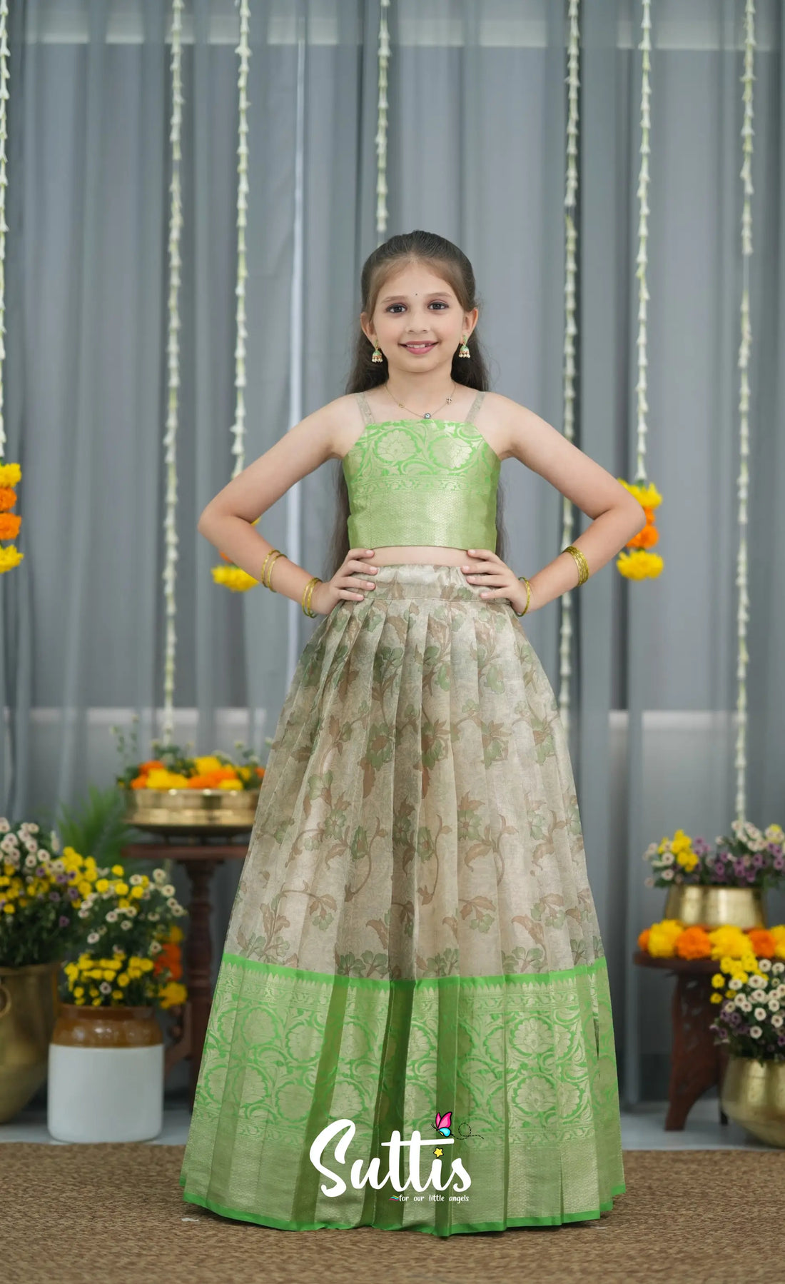 Organza Pavadai Sattai - Grey and Light Green Kids-Suttis
