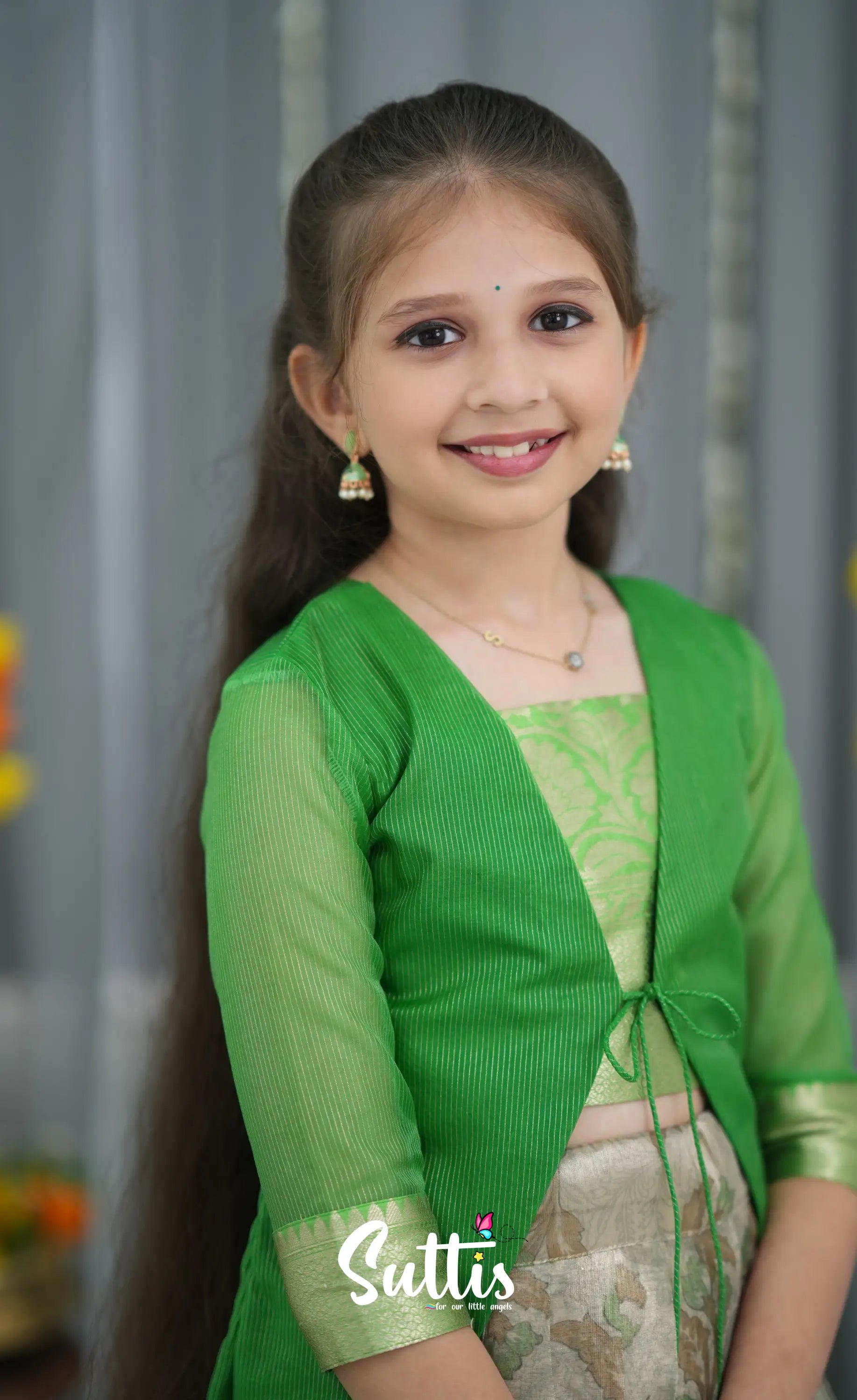 Organza Pavadai Sattai - Grey and Light Green Kids-Suttis