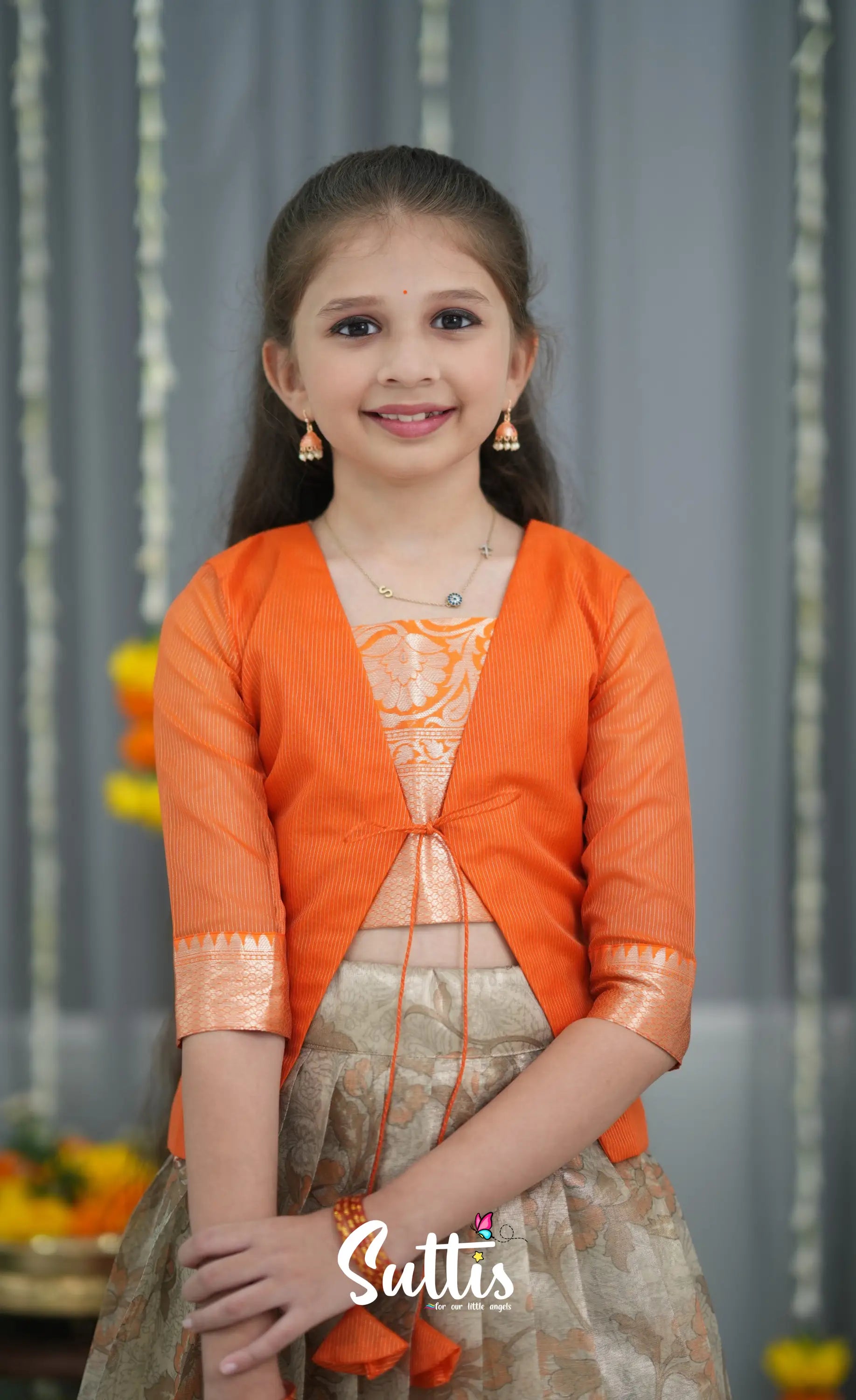 Organza Pavadai Sattai - Grey and Orange Kids-Suttis