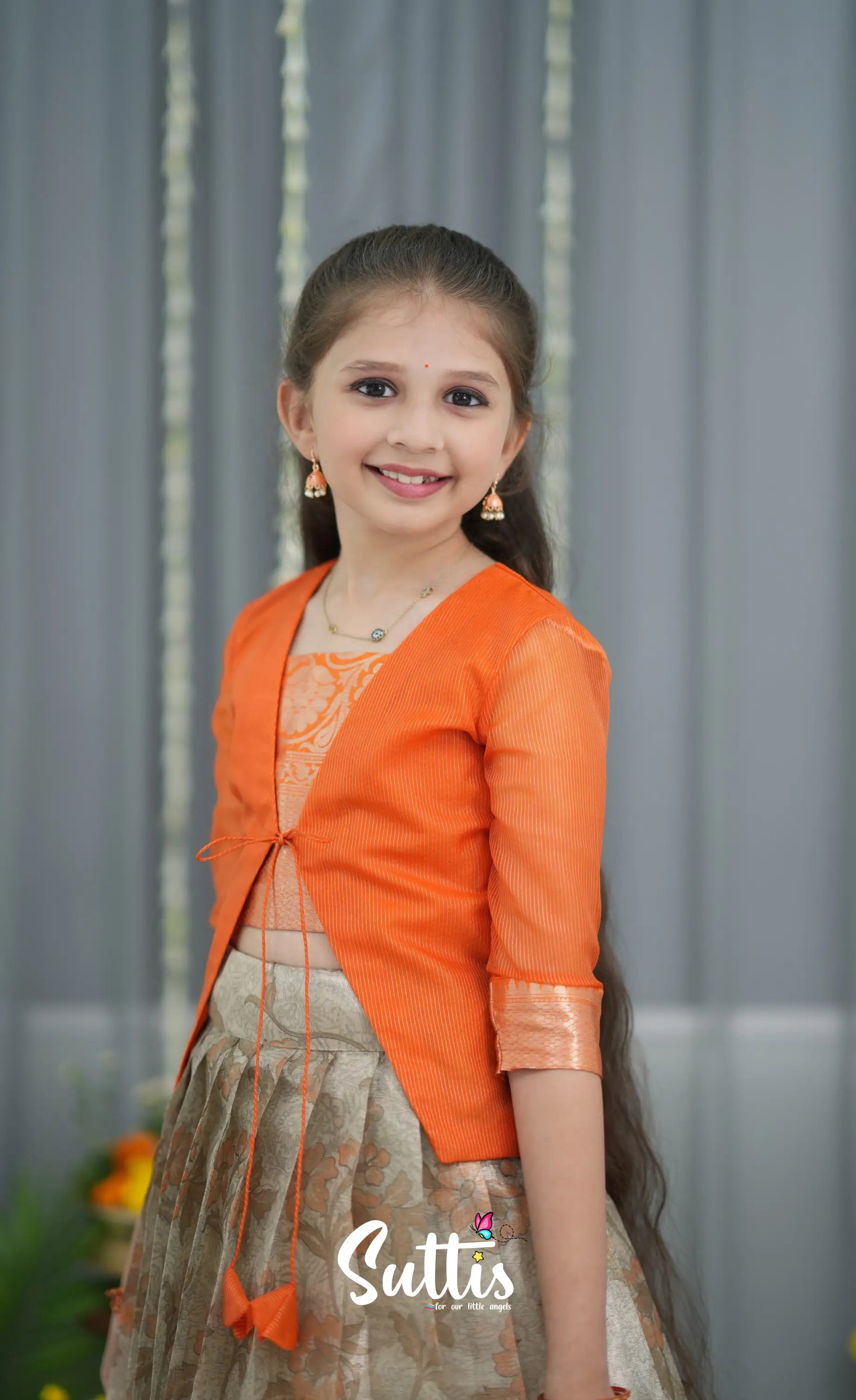 Organza Pavadai Sattai - Grey and Orange Kids-Suttis