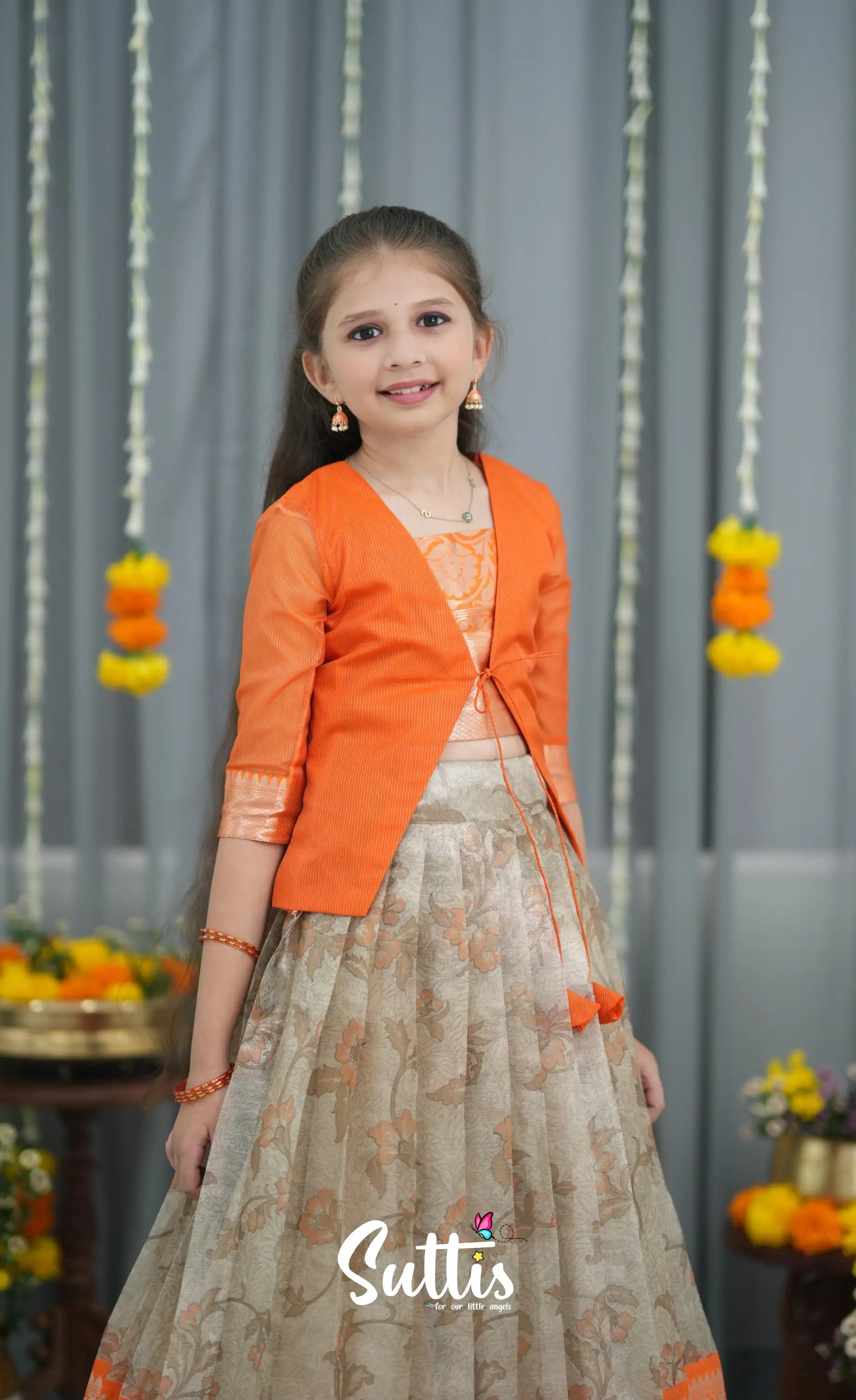 Organza Pavadai Sattai - Grey and Orange Kids-Suttis