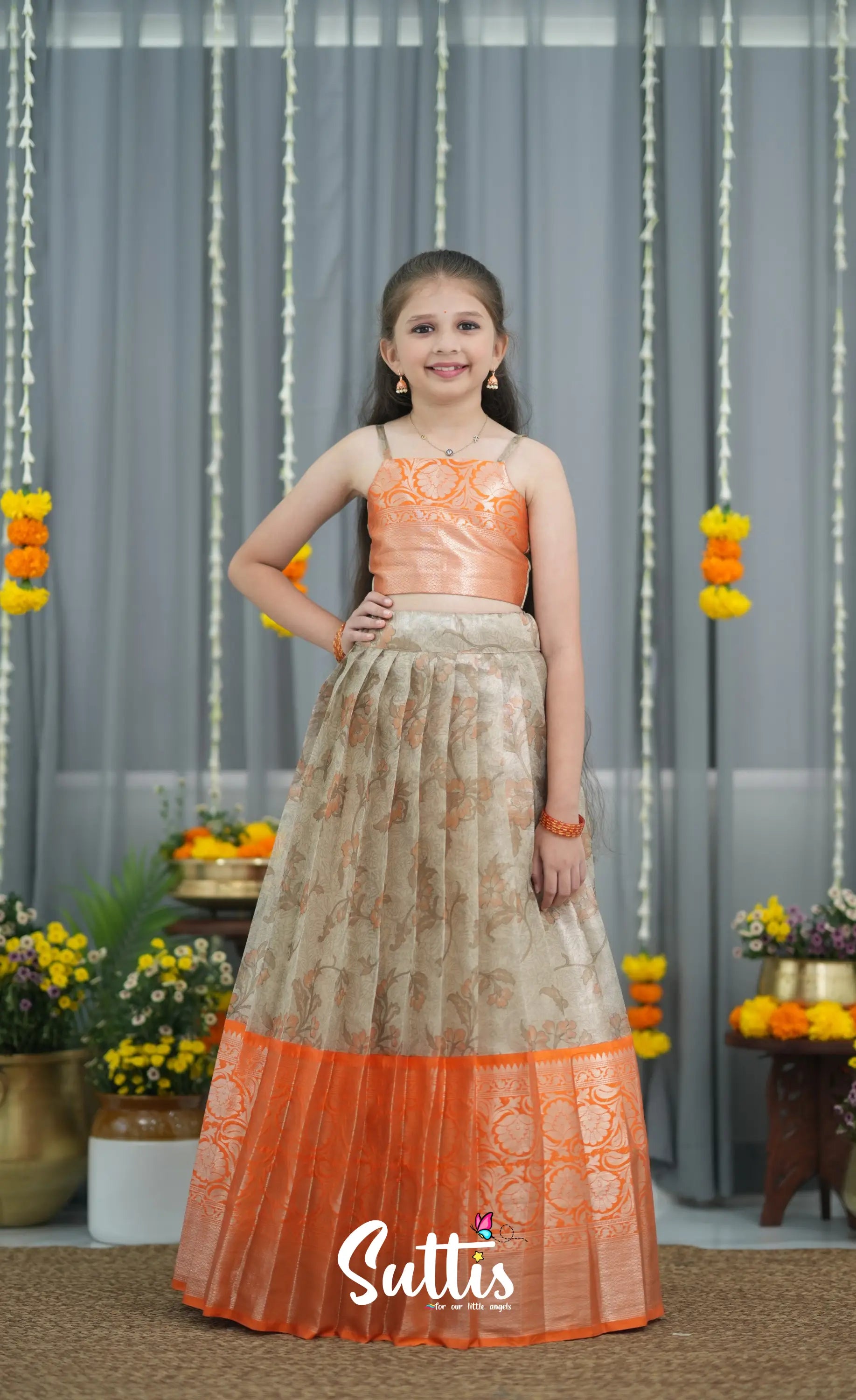 Organza Pavadai Sattai - Grey and Orange Kids-Suttis