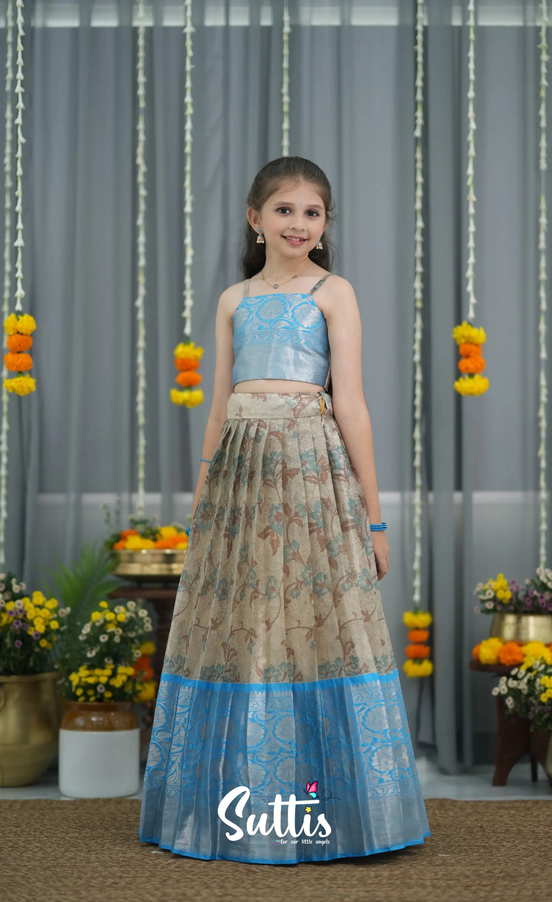 Organza Pavadai Sattai - Grey and Sky Blue Kids-Suttis