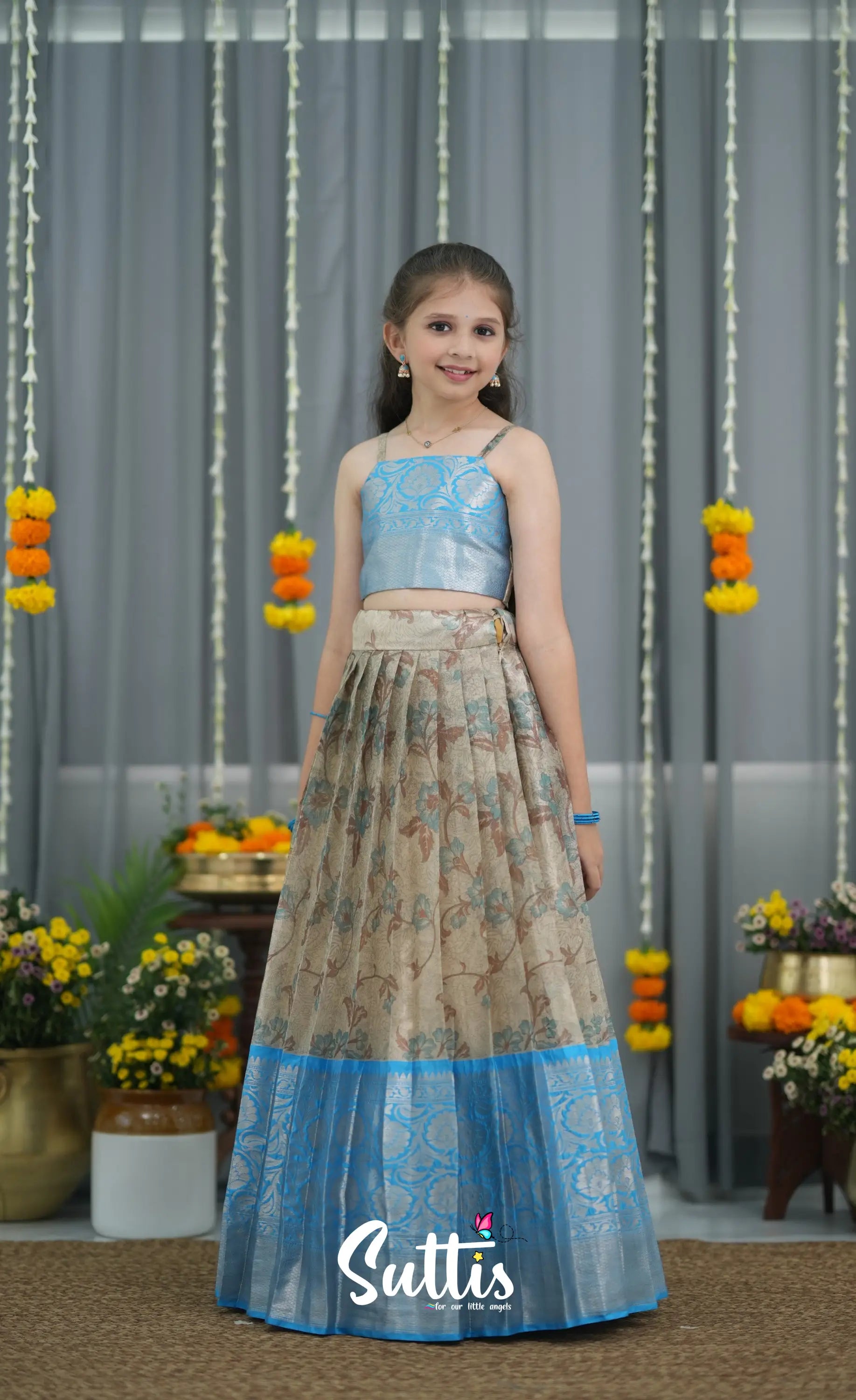 Organza Pavadai Sattai - Grey and Sky Blue Kids-Suttis