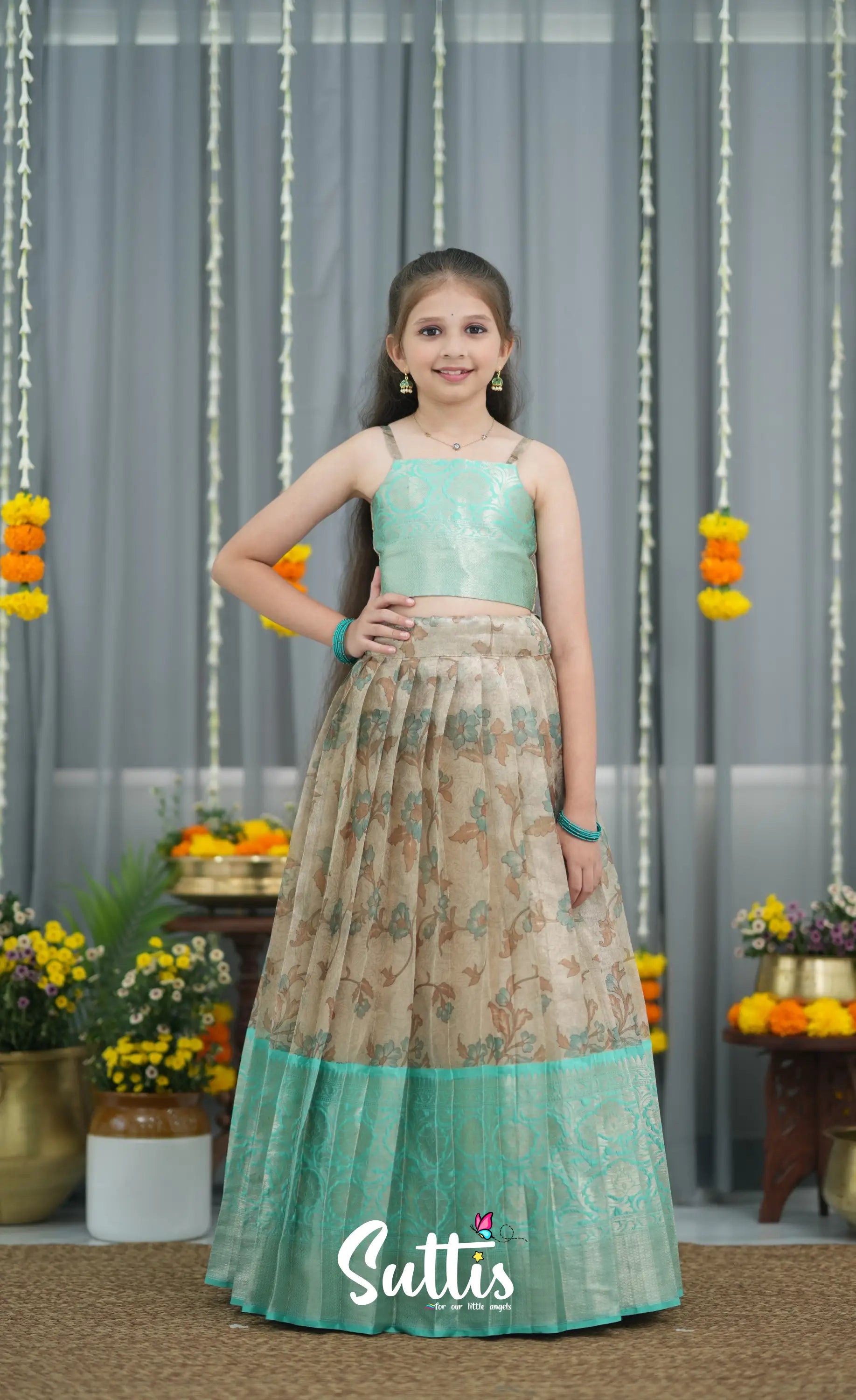 Organza Pavadai Sattai - Grey and Teal Blue Kids-Suttis