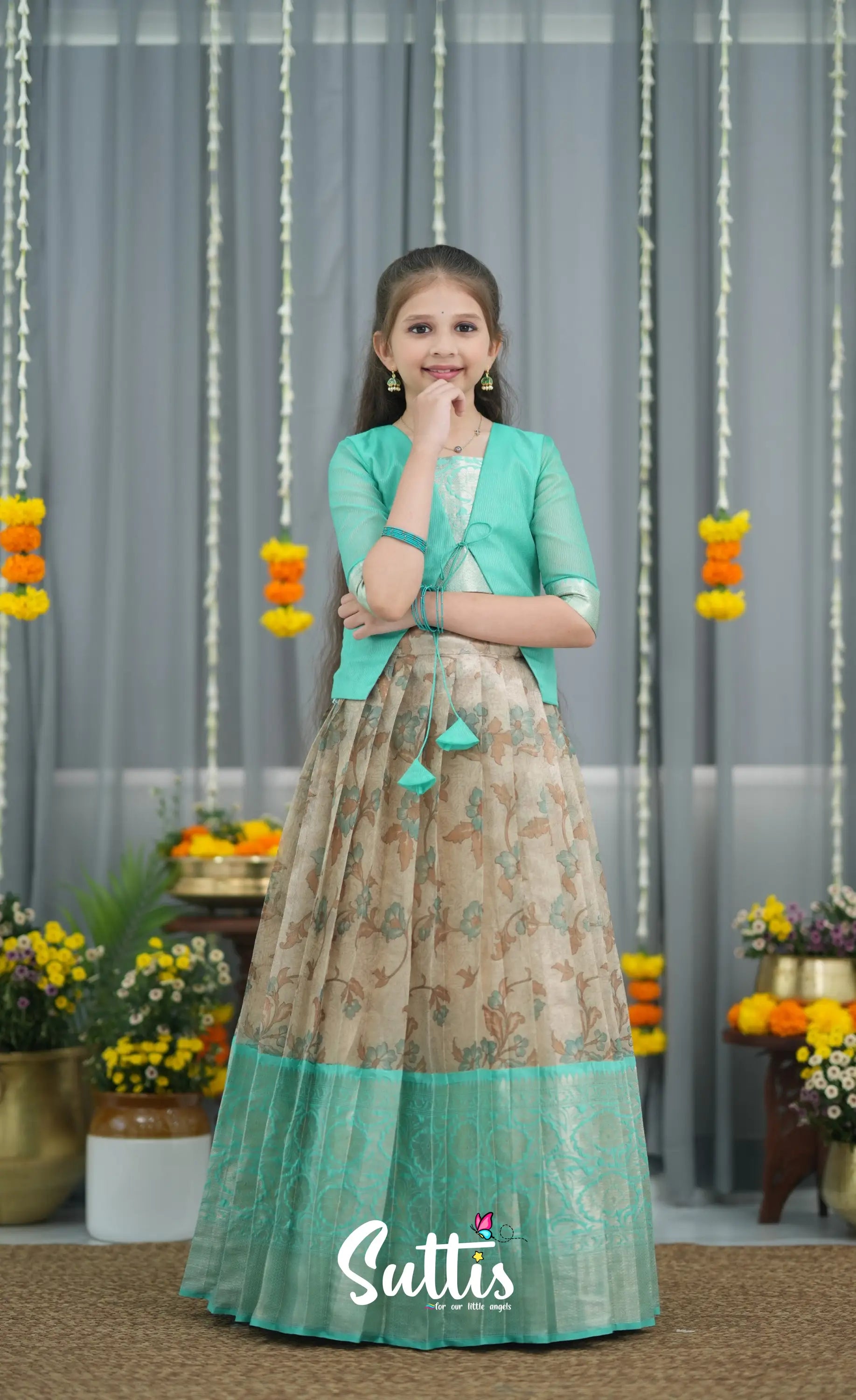 Organza Pavadai Sattai - Grey and Teal Blue Kids-Suttis
