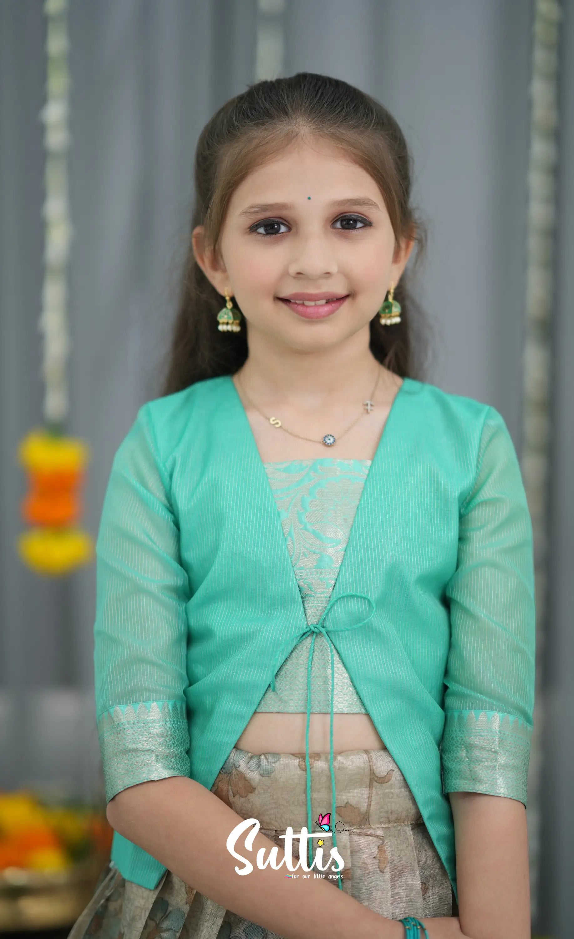 Organza Pavadai Sattai - Grey and Teal Blue Kids-Suttis