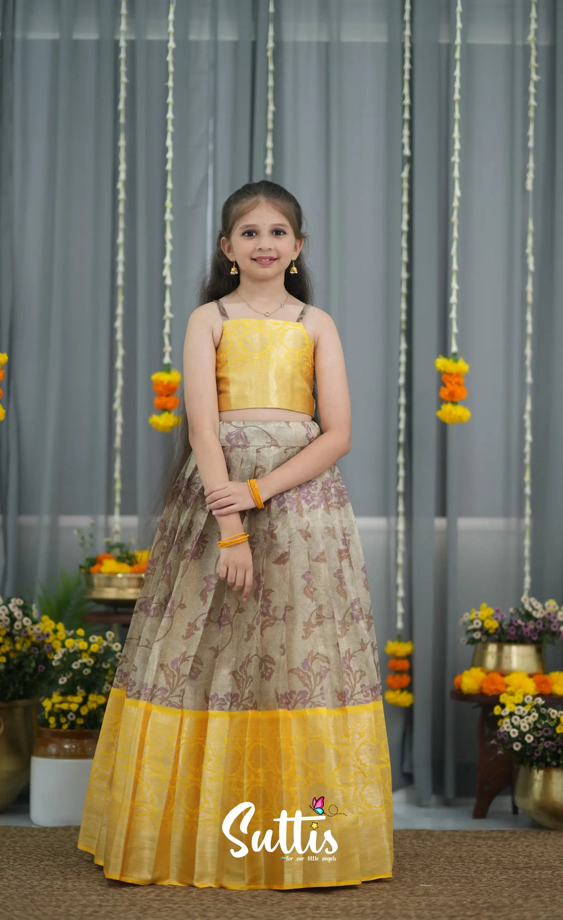 Organza Pavadai Sattai - Grey and Yellow Kids-Suttis