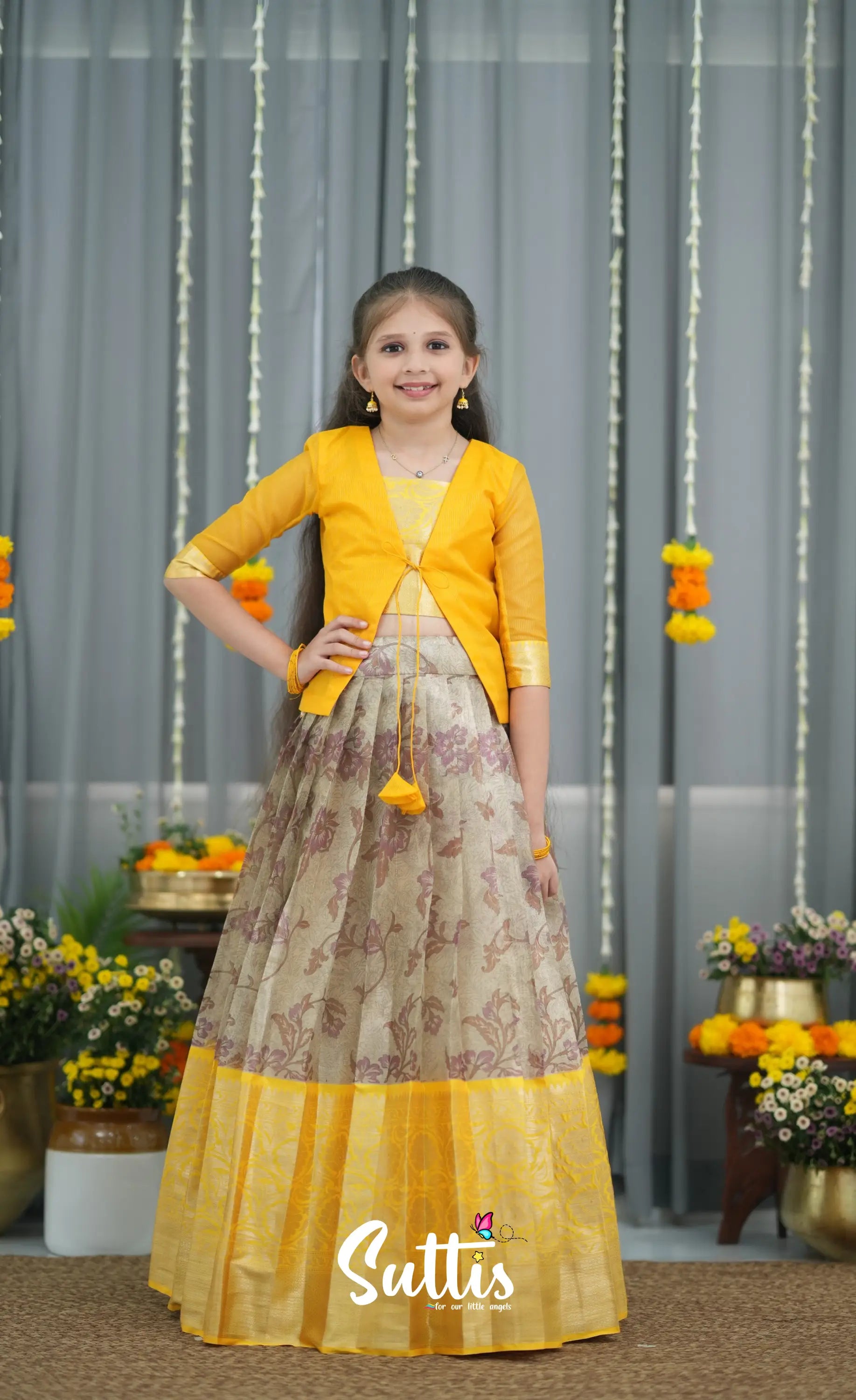 Organza Pavadai Sattai - Grey and Yellow Kids-Suttis