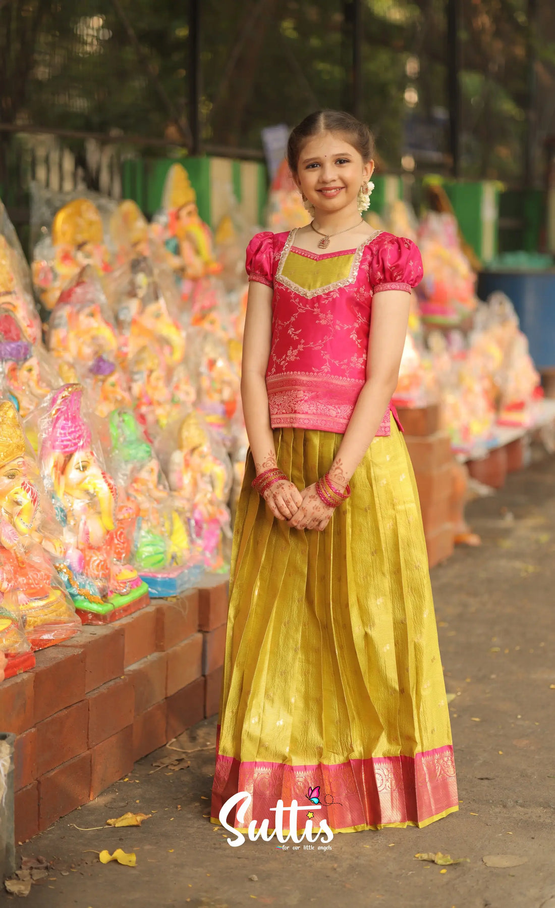 Organza Pavadai Sattai - Henna Yellow and Rani Pink - Kids-Suttis