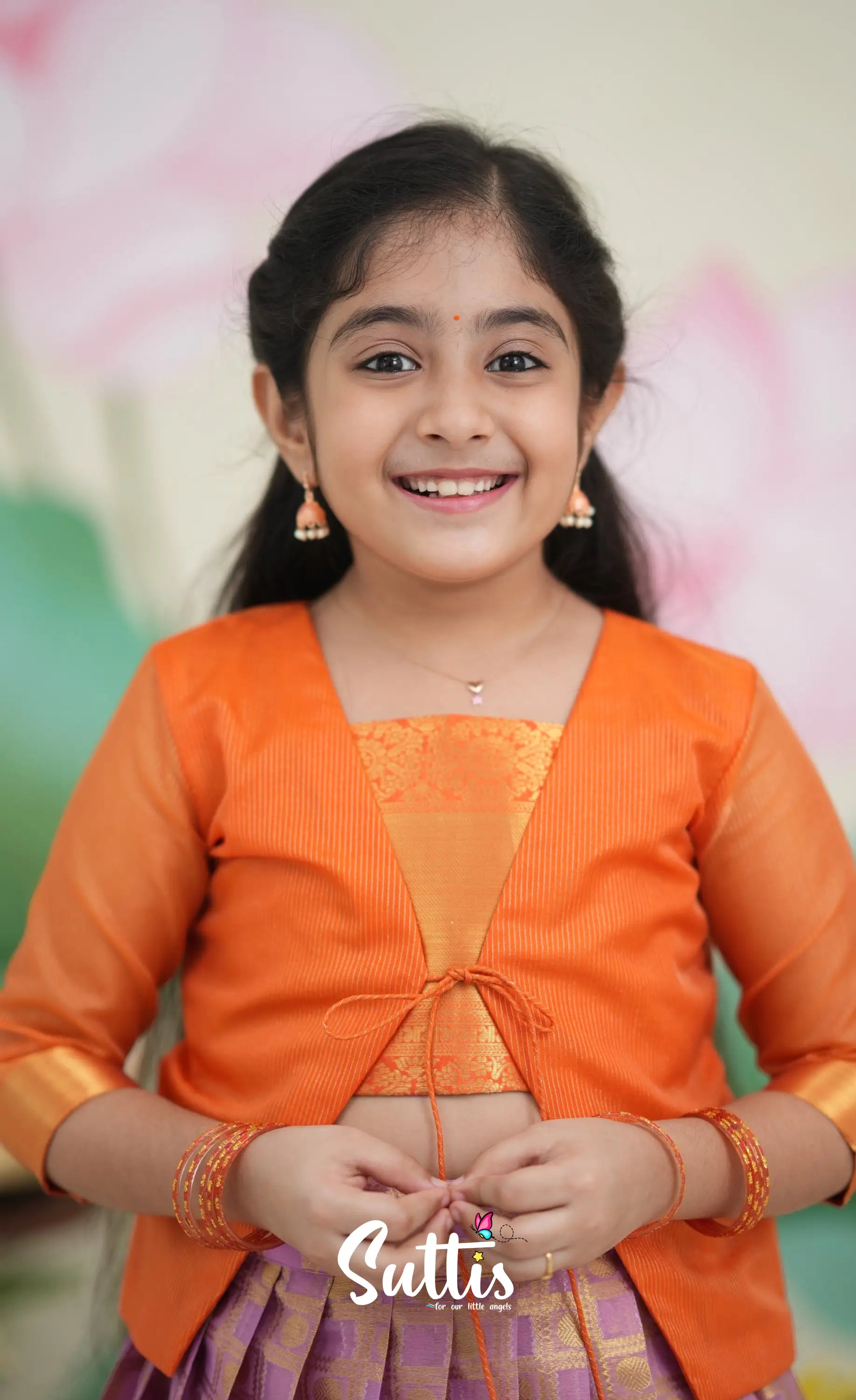 Organza Pavadai Sattai - Lavender and Orange Kids-Suttis