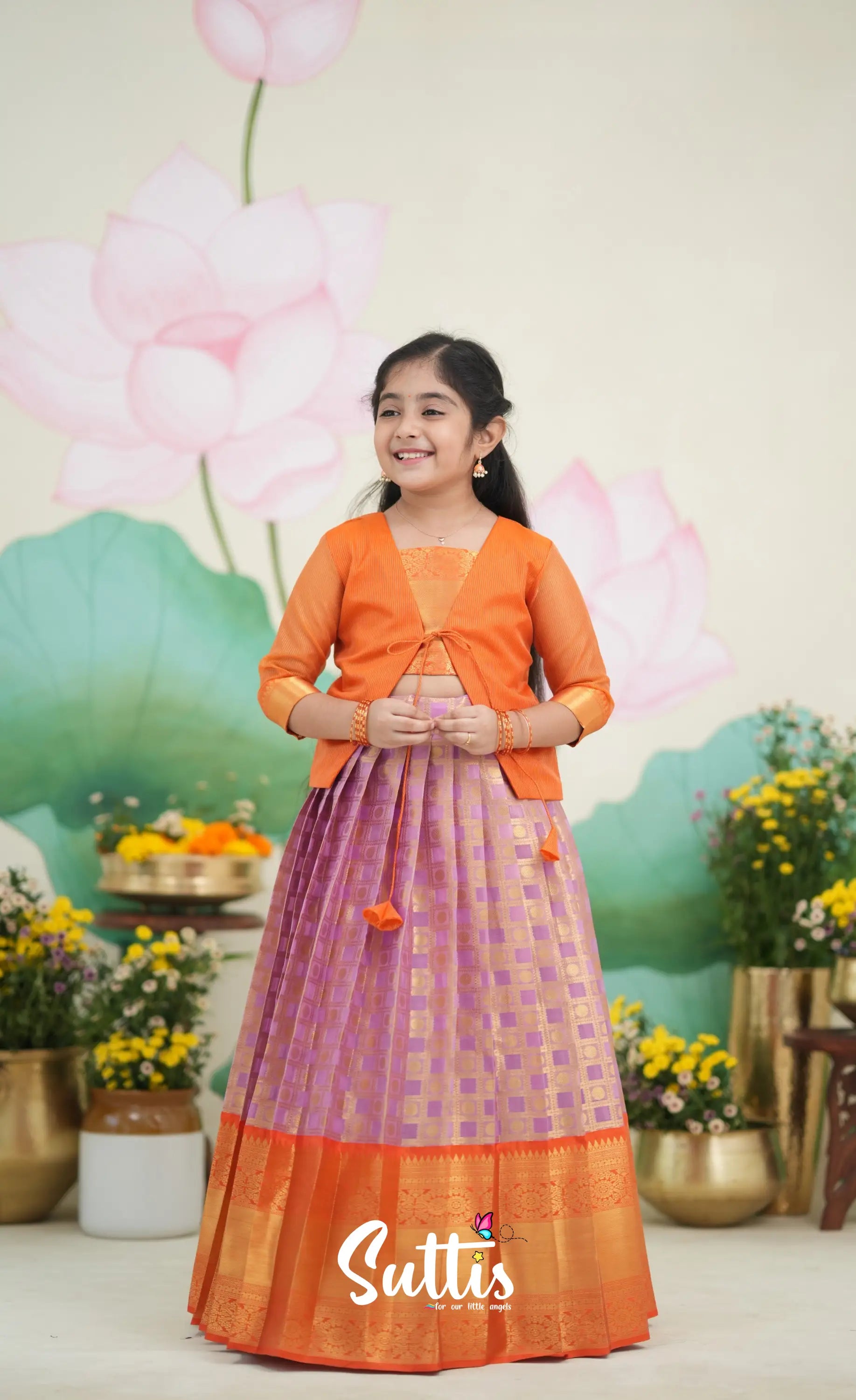 Organza Pavadai Sattai - Lavender and Orange Kids-Suttis