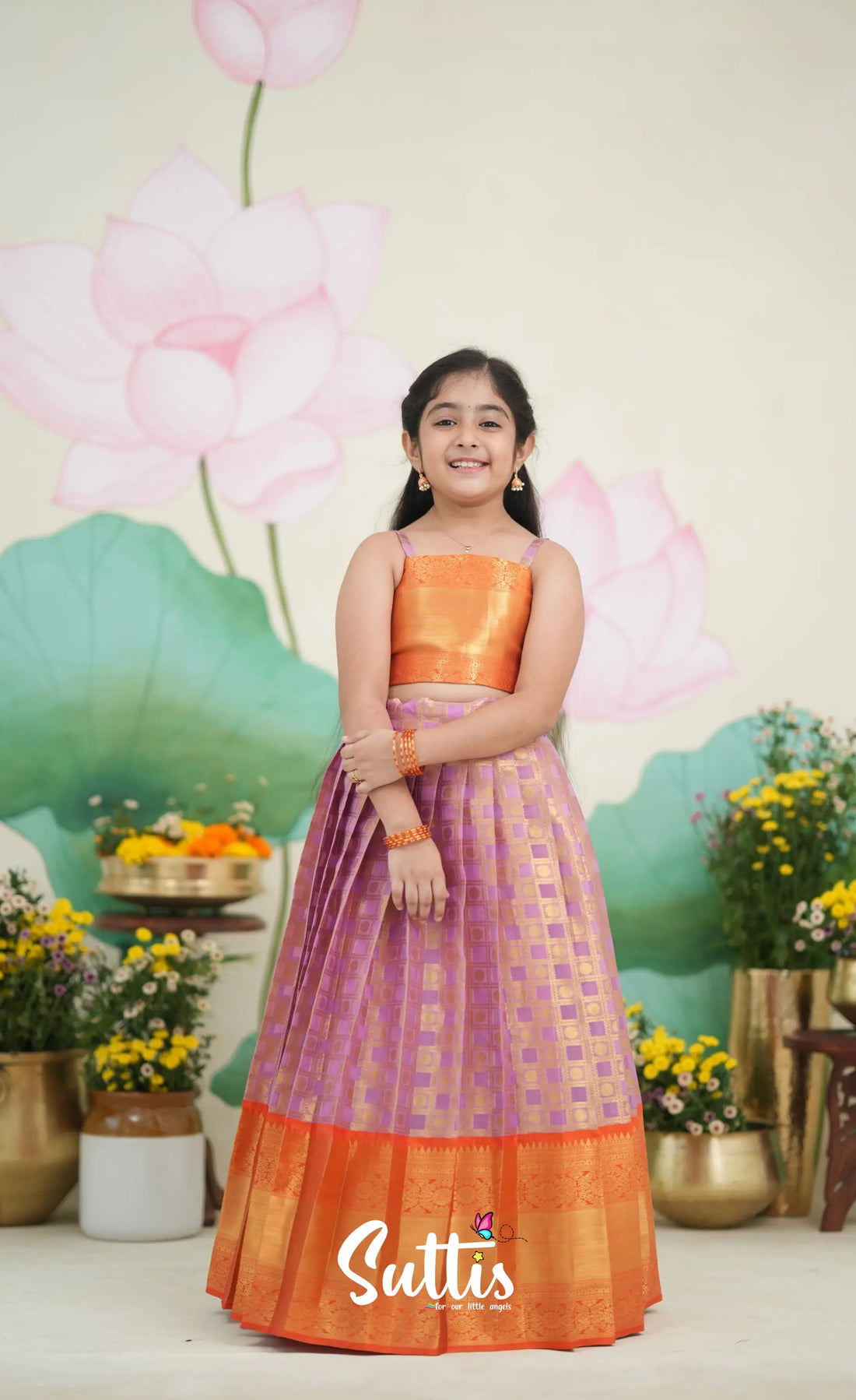 Organza Pavadai Sattai - Lavender and Orange Kids-Suttis