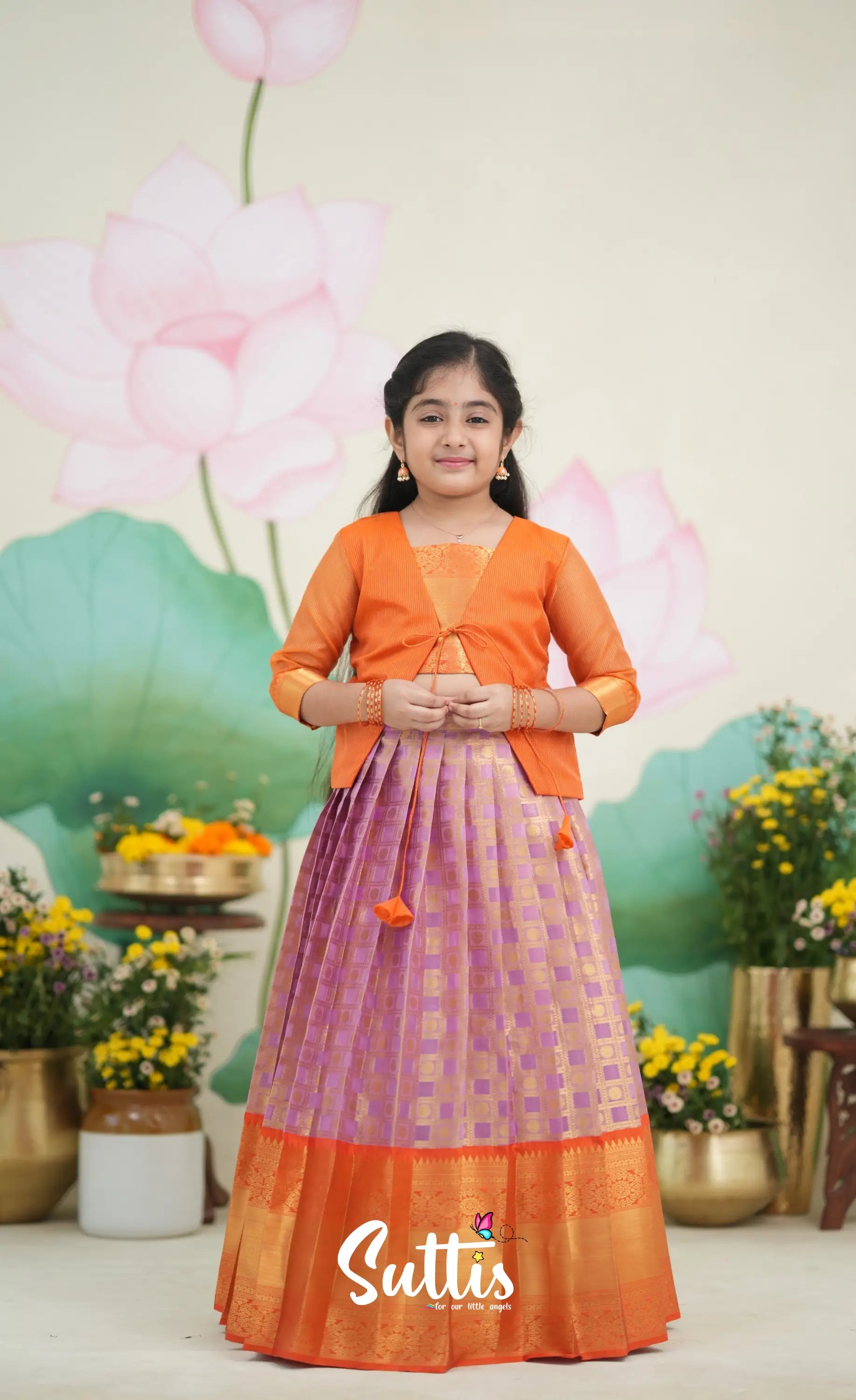 Organza Pavadai Sattai - Lavender and Orange Kids-Suttis