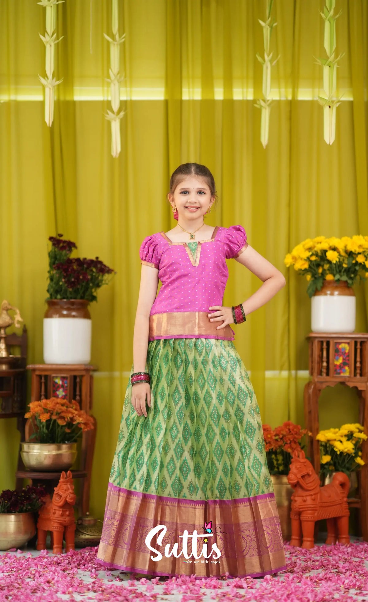 Organza Pavadai Sattai - Light green and Pink - Kids-Suttis