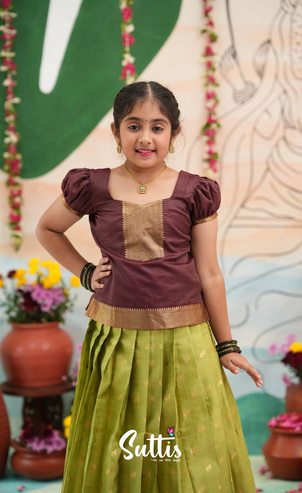 Organza Pavadai Sattai - Light green and Wineish Brown - Kids-Suttis