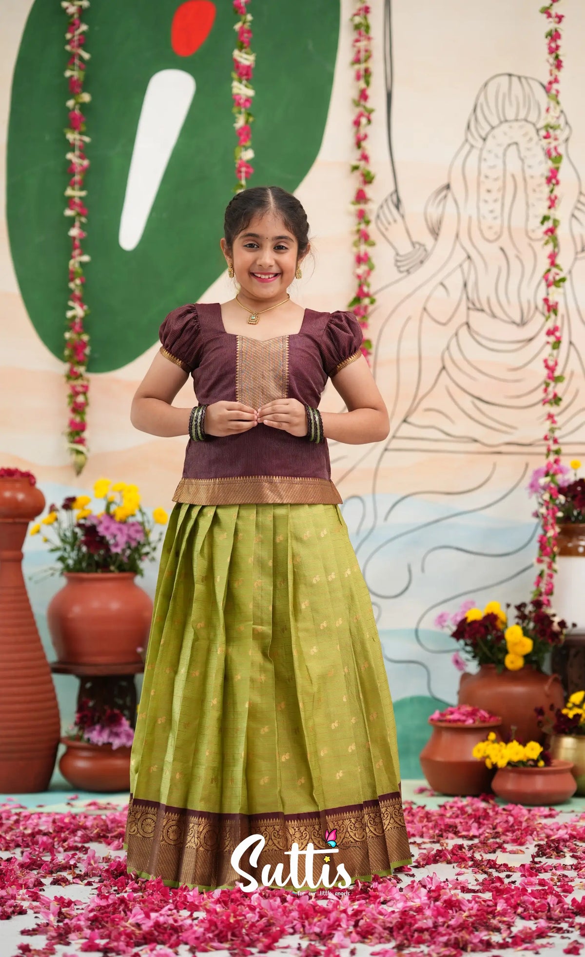 Organza Pavadai Sattai - Light green and Wineish Brown - Kids-Suttis