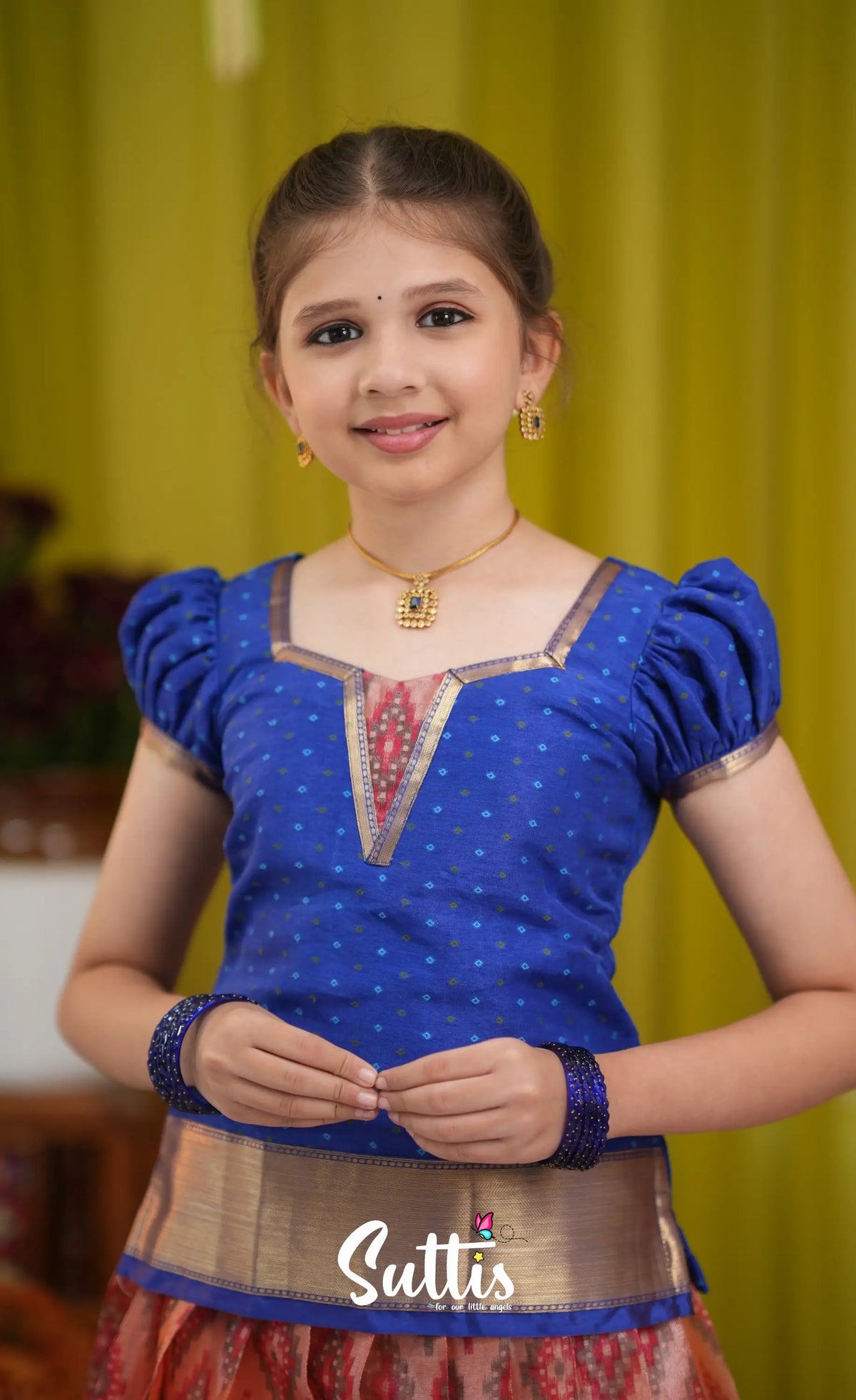Organza Pavadai Sattai - Orangish red and Dark blue - Kids-Suttis