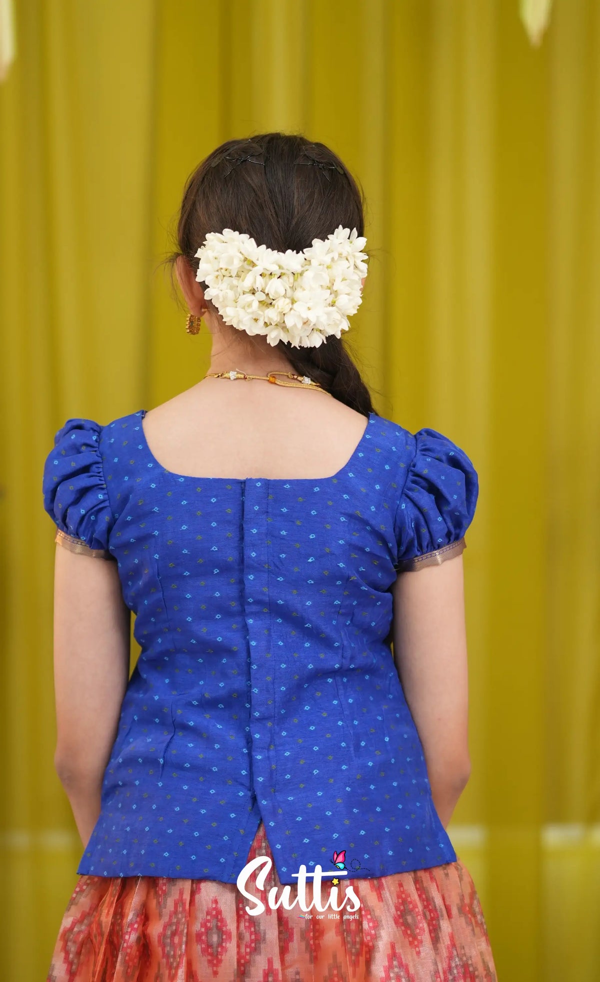 Organza Pavadai Sattai - Orangish red and Dark blue - Kids-Suttis