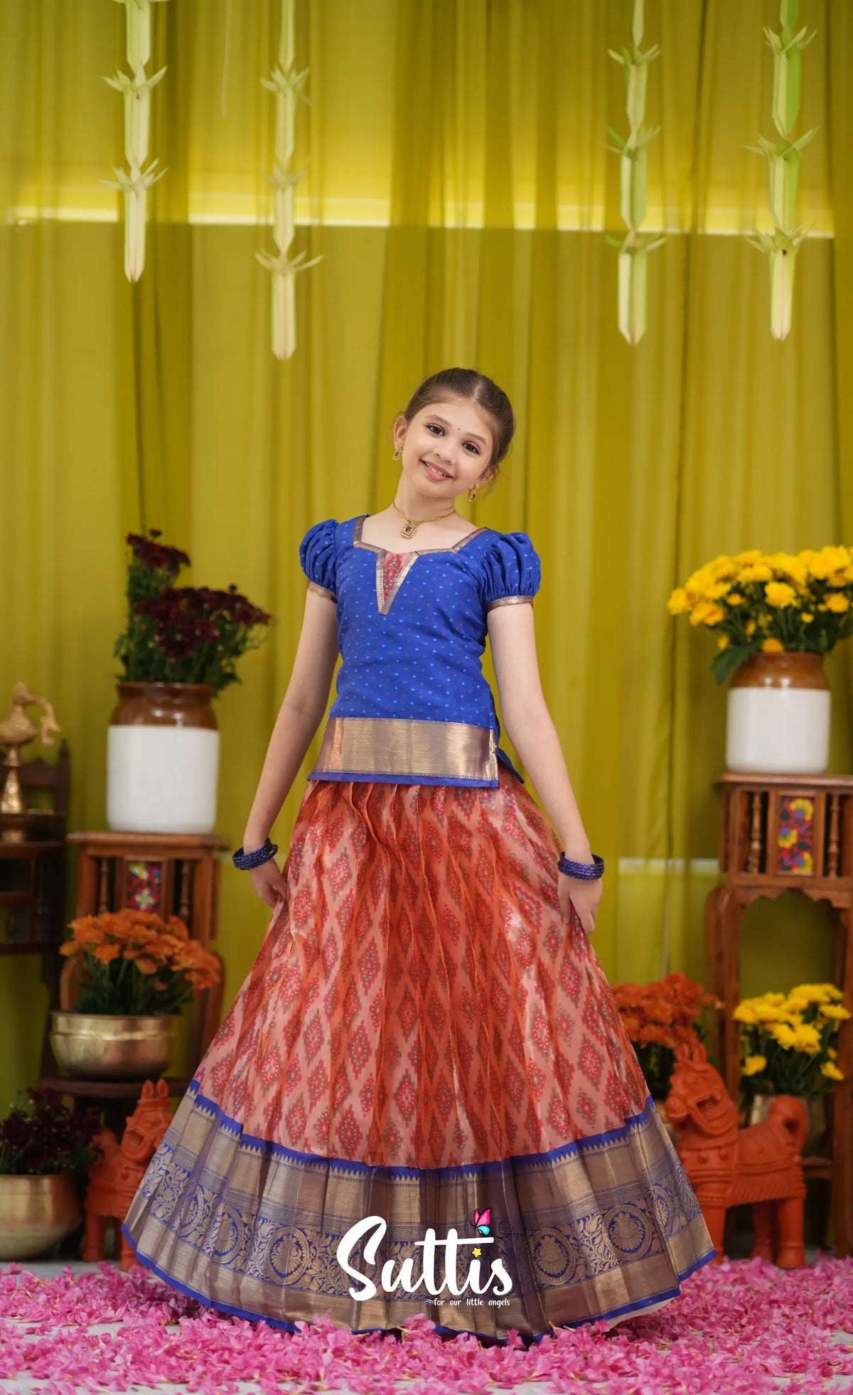 Organza Pavadai Sattai - Orangish red and Dark blue - Kids-Suttis