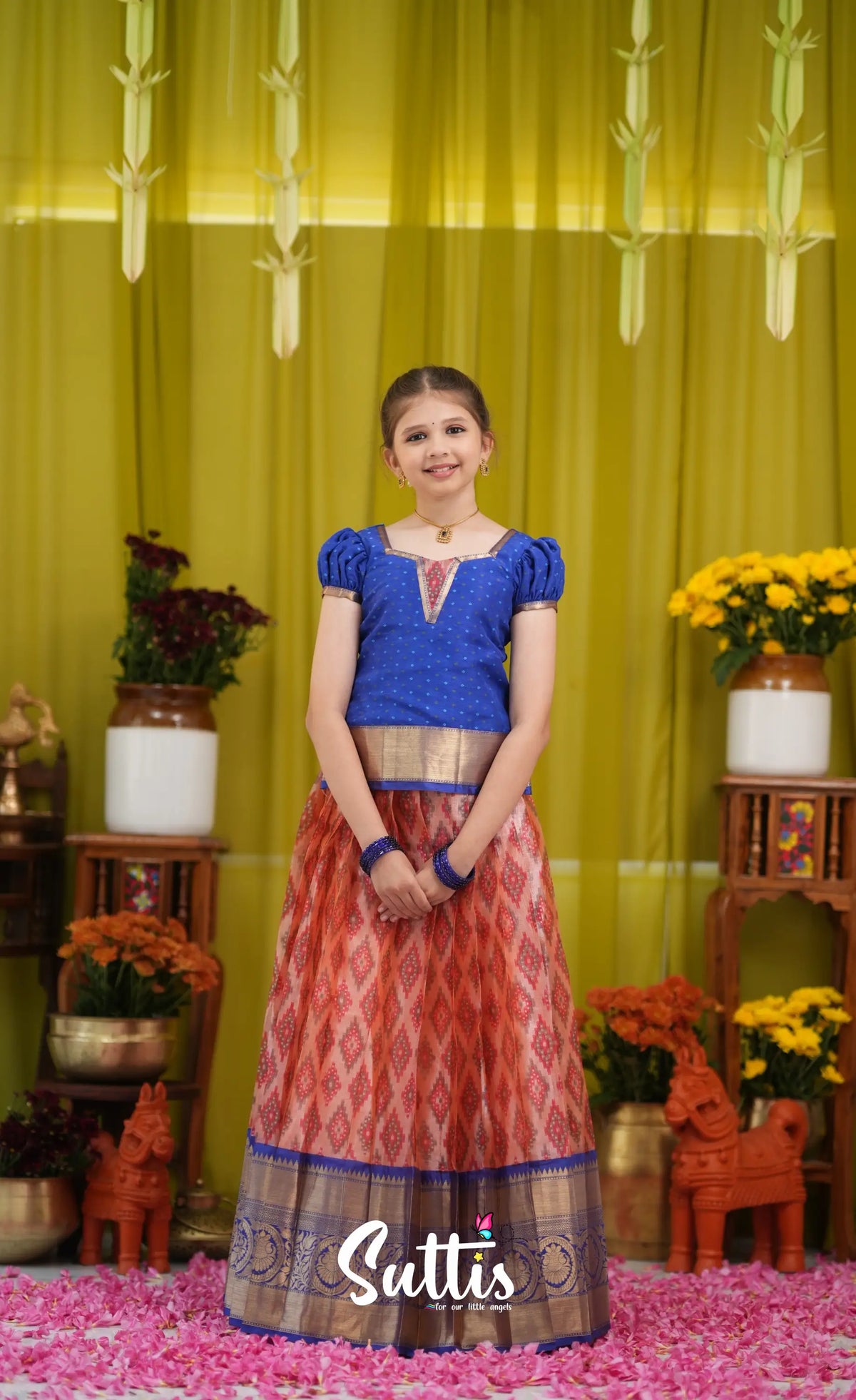 Organza Pavadai Sattai - Orangish red and Dark blue - Kids-Suttis