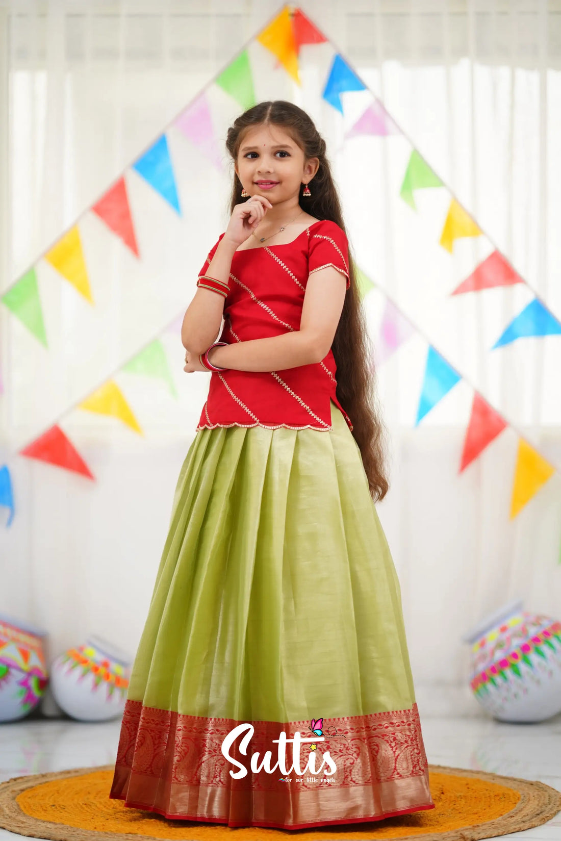 Organza Pavadai Sattai - Pastel Green And Red Kids-Suttis