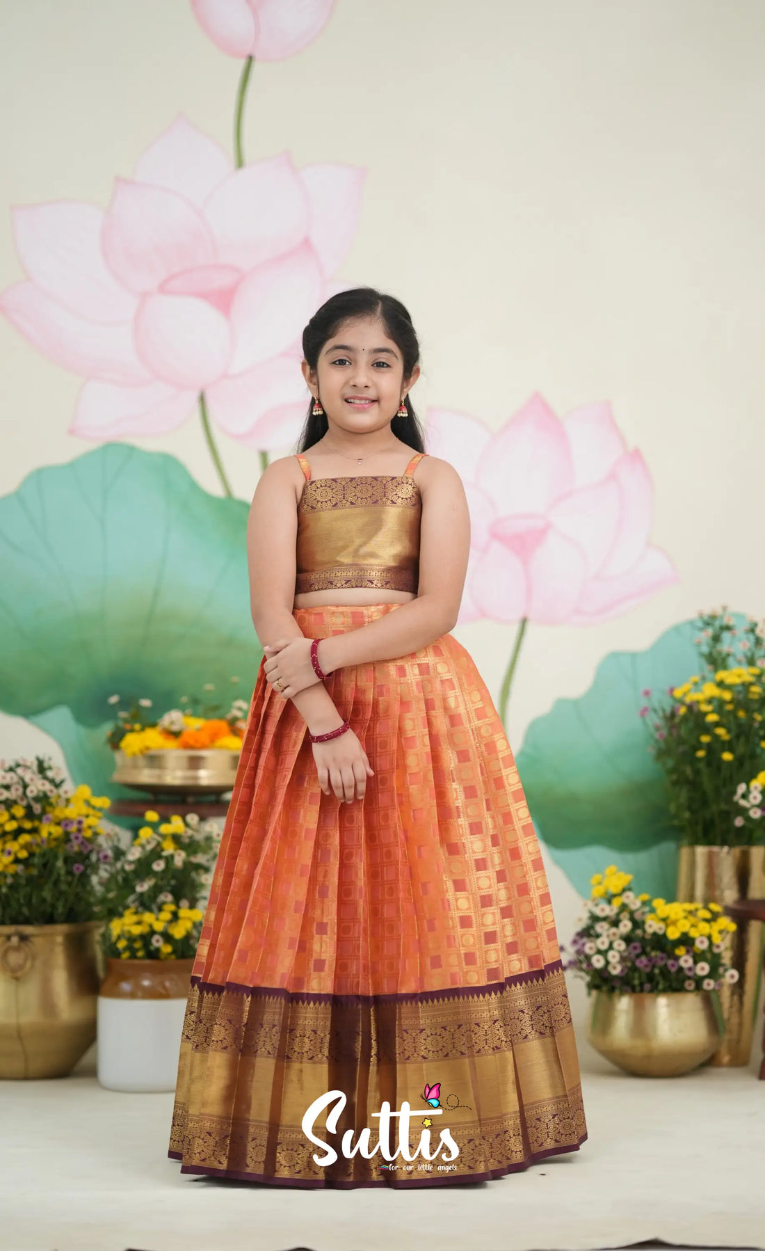 Organza Pavadai Sattai - Peach and Dark Brown Kids-Suttis